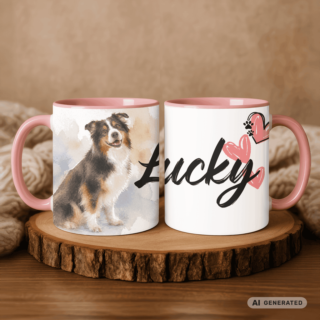 Personalisierte Australian Shepherd Tasse 11oz – Aquarell Hundemotiv mit Namen | Geschenk für Australian Shepherd Besitzer | Keramiktasse mit Farbwahl - Sunbeamstore