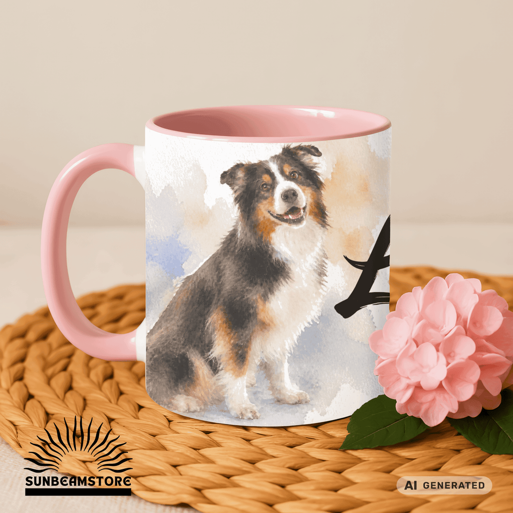 Personalisierte Australian Shepherd Tasse 11oz – Aquarell Hundemotiv mit Namen | Geschenk für Australian Shepherd Besitzer | Keramiktasse mit Farbwahl - Sunbeamstore