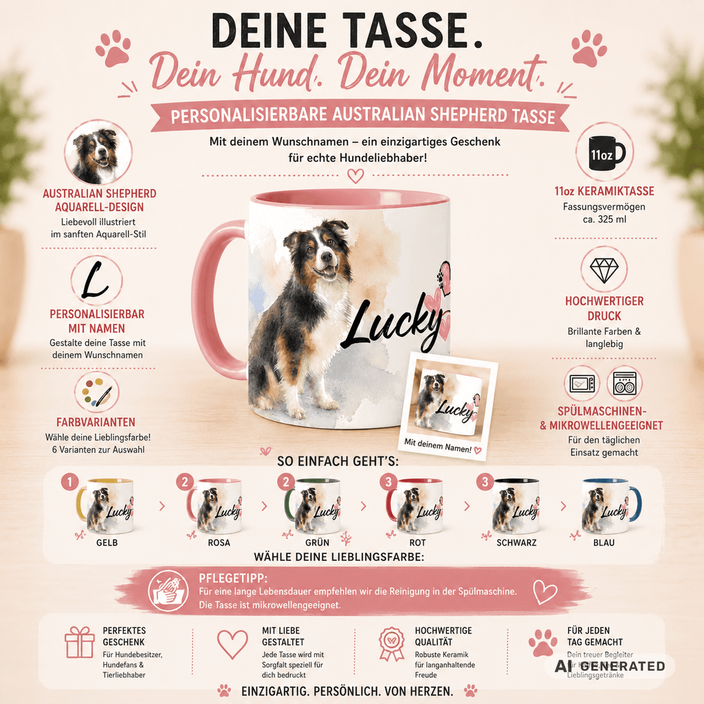 Personalisierte Australian Shepherd Tasse 11oz – Aquarell Hundemotiv mit Namen | Geschenk für Australian Shepherd Besitzer | Keramiktasse mit Farbwahl - Sunbeamstore
