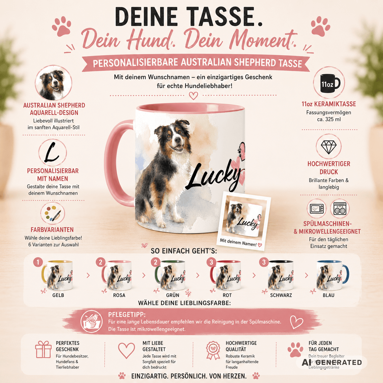 Personalisierte Australian Shepherd Tasse 11oz – Aquarell Hundemotiv mit Namen | Geschenk für Australian Shepherd Besitzer | Keramiktasse mit Farbwahl - Sunbeamstore