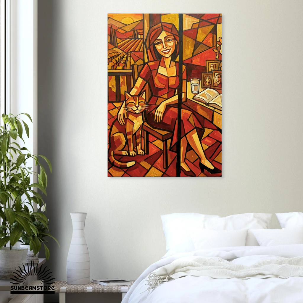 Kubistisches Katzenbild 70 x 100 cm | Warmes Leinwandbild für Katzenliebhaber I Canvas 70x100 cm / 28x40″
