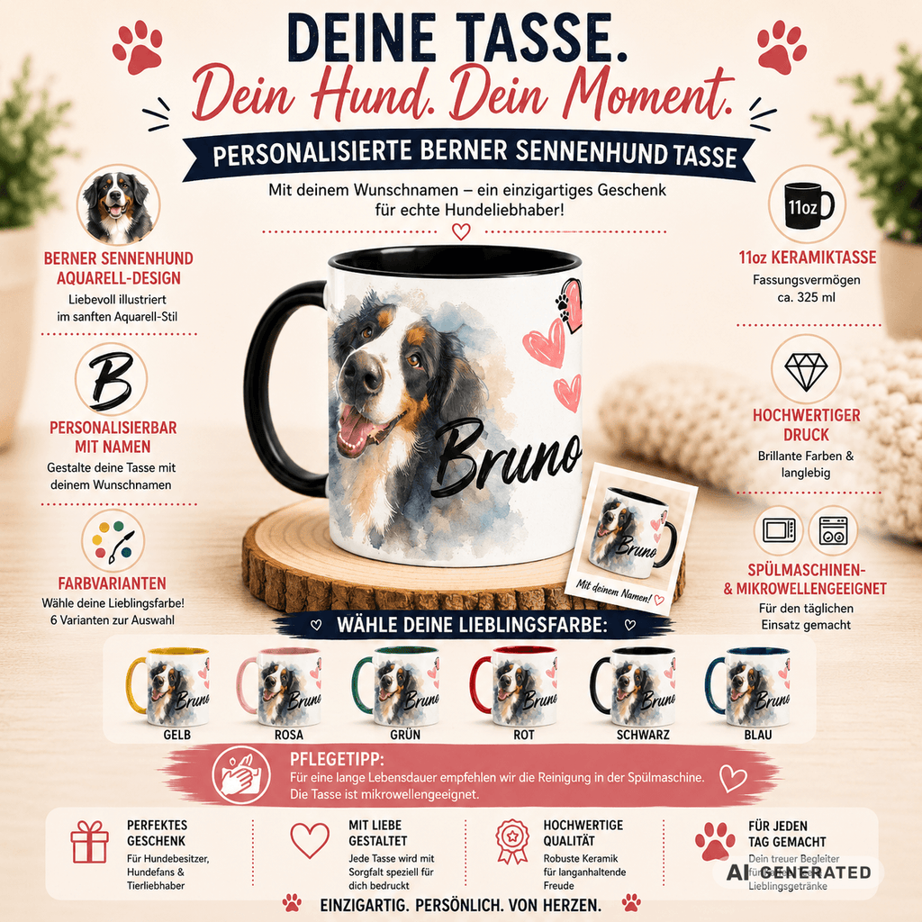 Personalisierte Berner Sennenhund Tasse 11oz – Aquarell Hundemotiv mit Namen | Geschenk für Berner Sennenhund Besitzer | Keramiktasse mit Farbwahl - Sunbeamstore