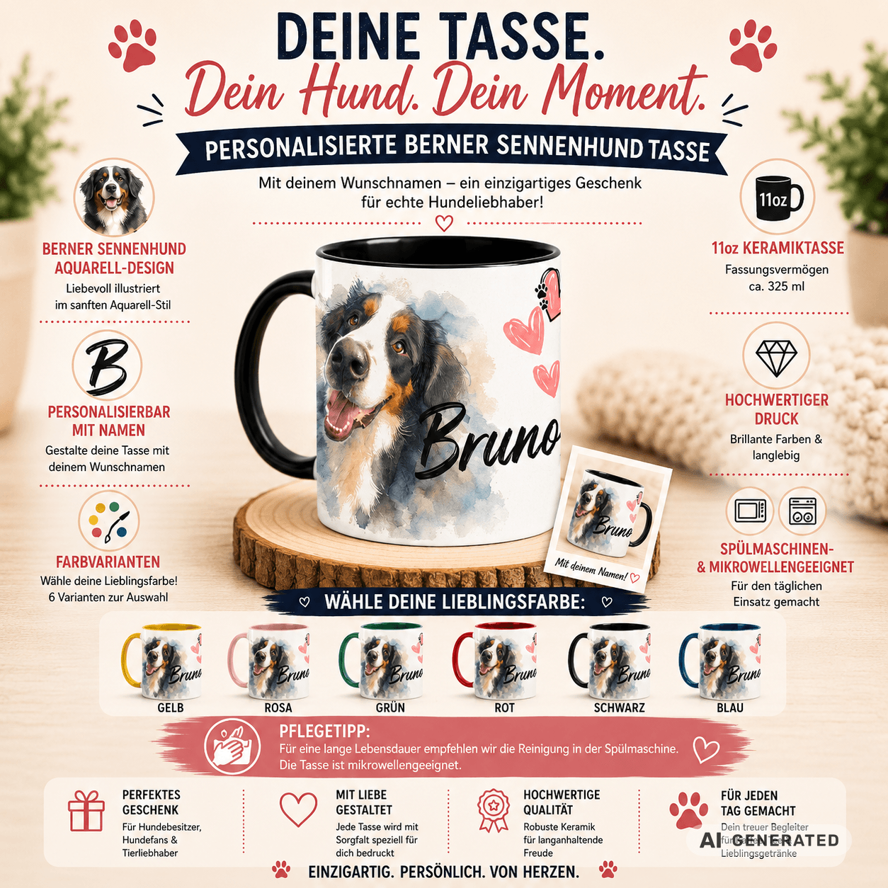 Personalisierte Berner Sennenhund Tasse 11oz – Aquarell Hundemotiv mit Namen | Geschenk für Berner Sennenhund Besitzer | Keramiktasse mit Farbwahl - Sunbeamstore