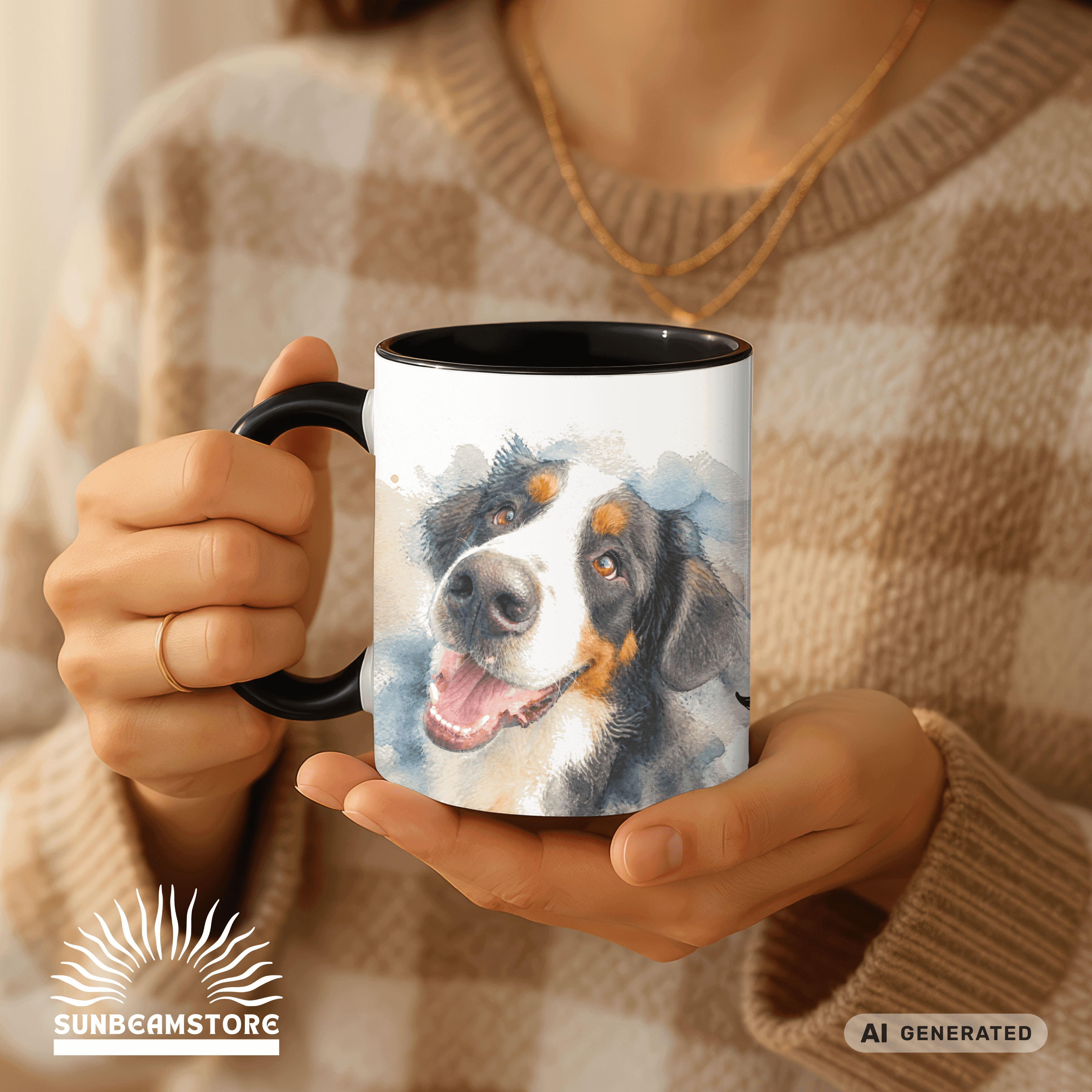 Personalisierte Berner Sennenhund Tasse 11oz – Aquarell Hundemotiv mit Namen | Geschenk für Berner Sennenhund Besitzer | Keramiktasse mit Farbwahl - Sunbeamstore