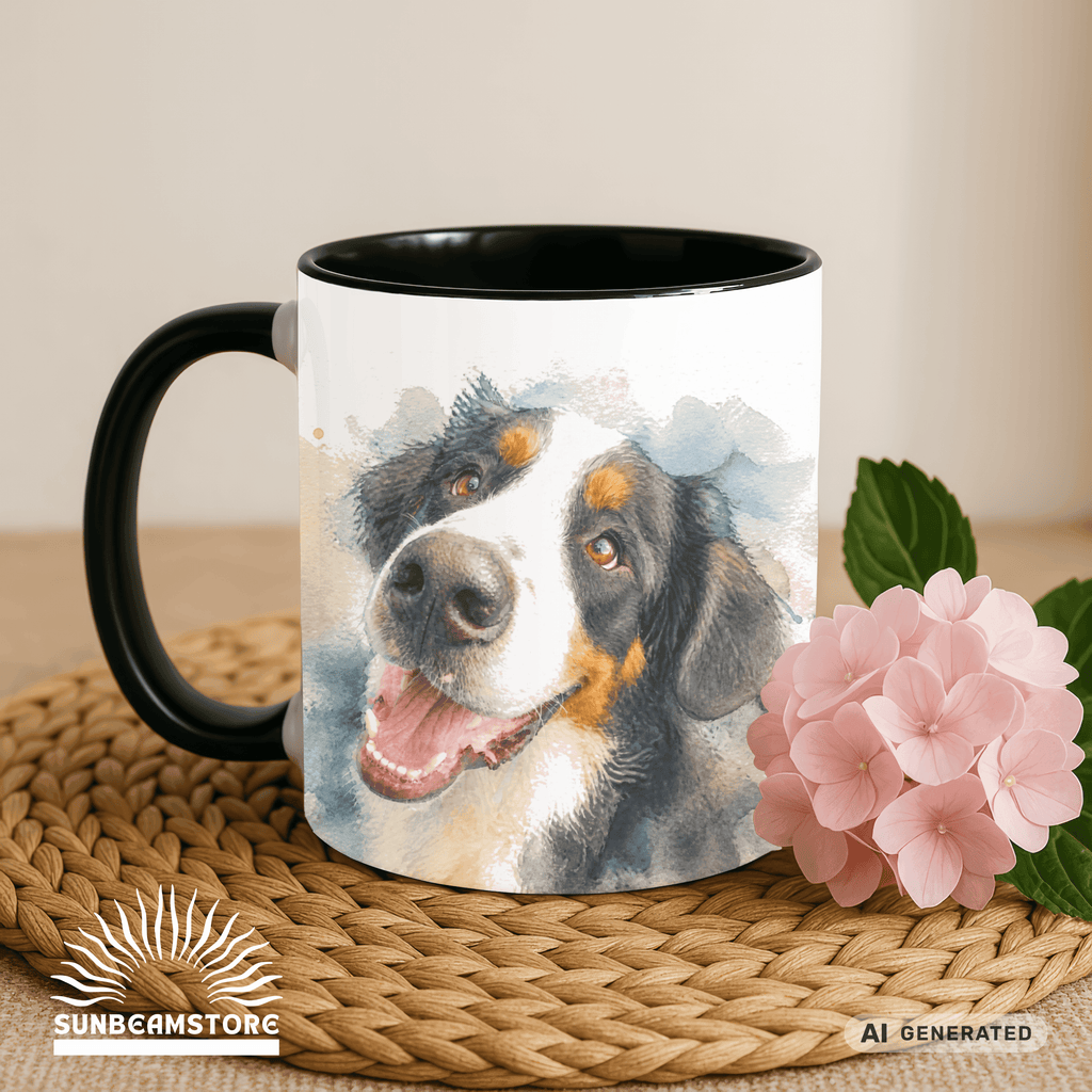 Personalisierte Berner Sennenhund Tasse 11oz – Aquarell Hundemotiv mit Namen | Geschenk für Berner Sennenhund Besitzer | Keramiktasse mit Farbwahl - Sunbeamstore
