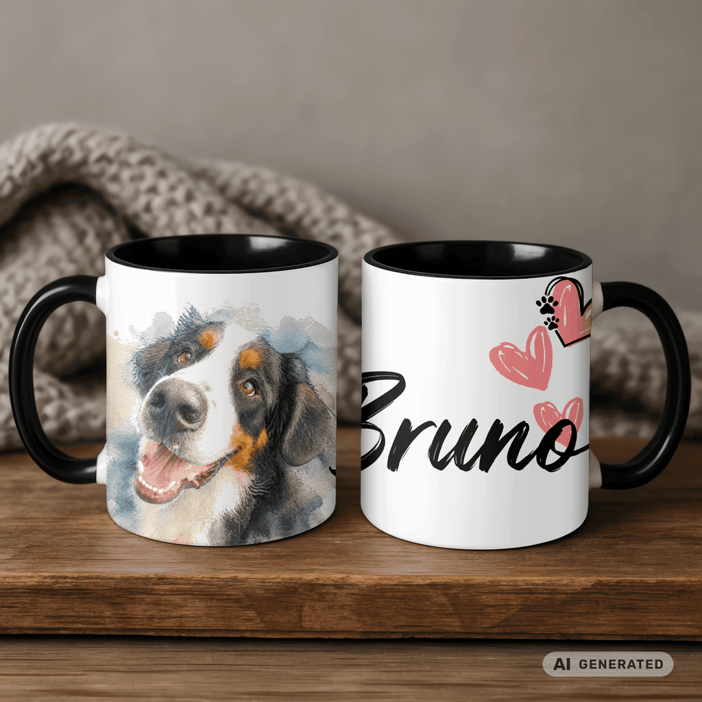 Personalisierte Berner Sennenhund Tasse 11oz – Aquarell Hundemotiv mit Namen | Geschenk für Berner Sennenhund Besitzer | Keramiktasse mit Farbwahl - Sunbeamstore