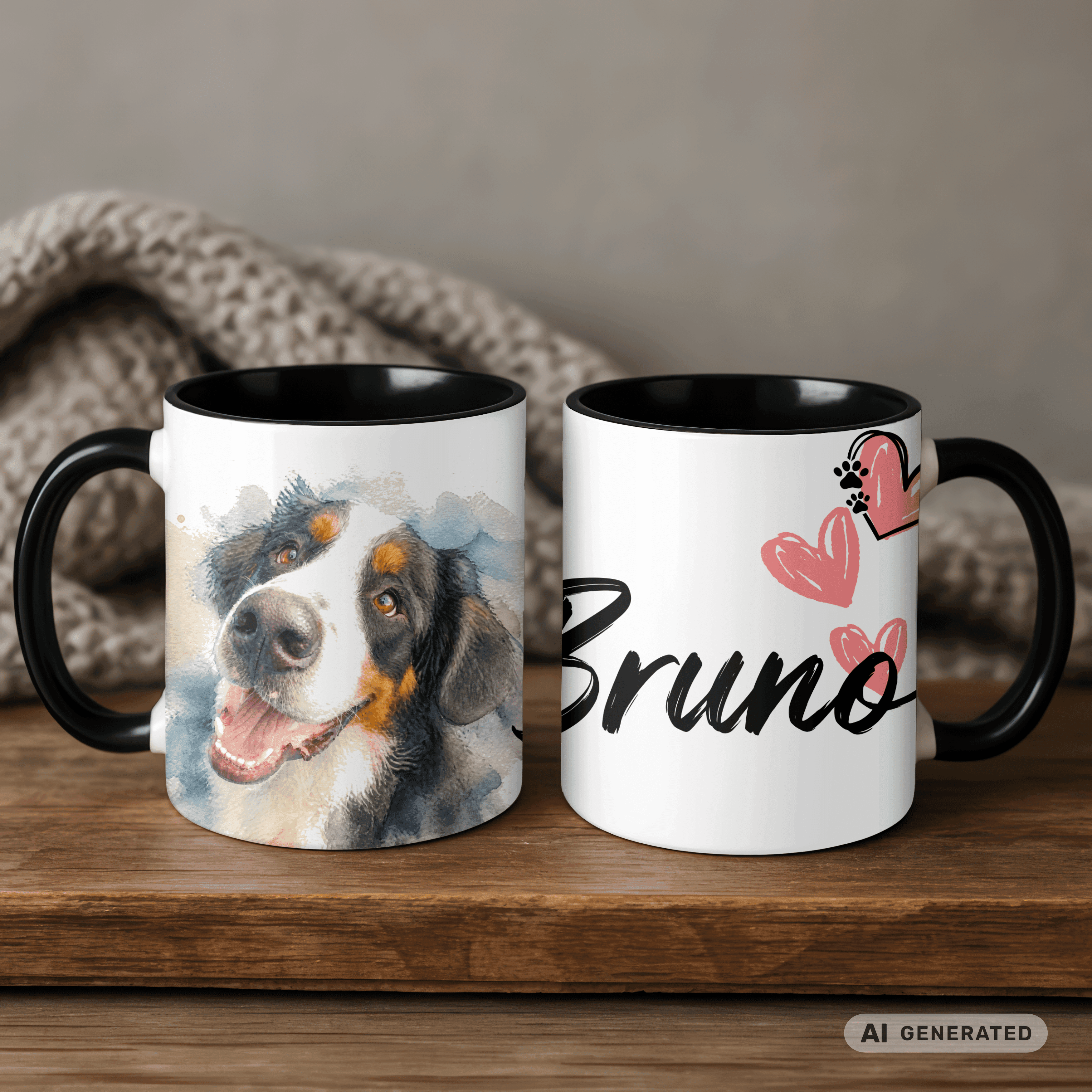 Personalisierte Berner Sennenhund Tasse 11oz – Aquarell Hundemotiv mit Namen | Geschenk für Berner Sennenhund Besitzer | Keramiktasse mit Farbwahl - Sunbeamstore