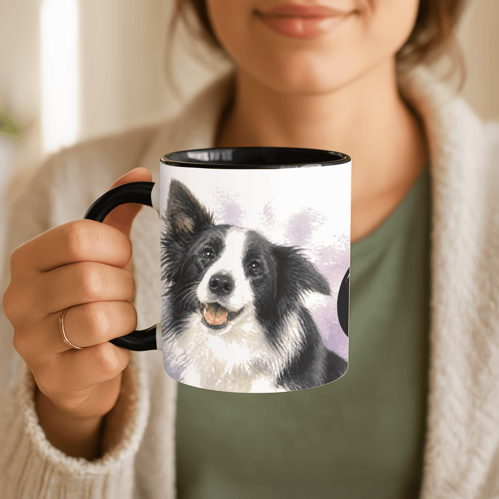 Personalisierte Border Collie Tasse 11oz – Aquarell Hundemotiv mit Namen | Geschenk für Border Collie Besitzer | Keramiktasse mit Farbwahl - Sunbeamstore