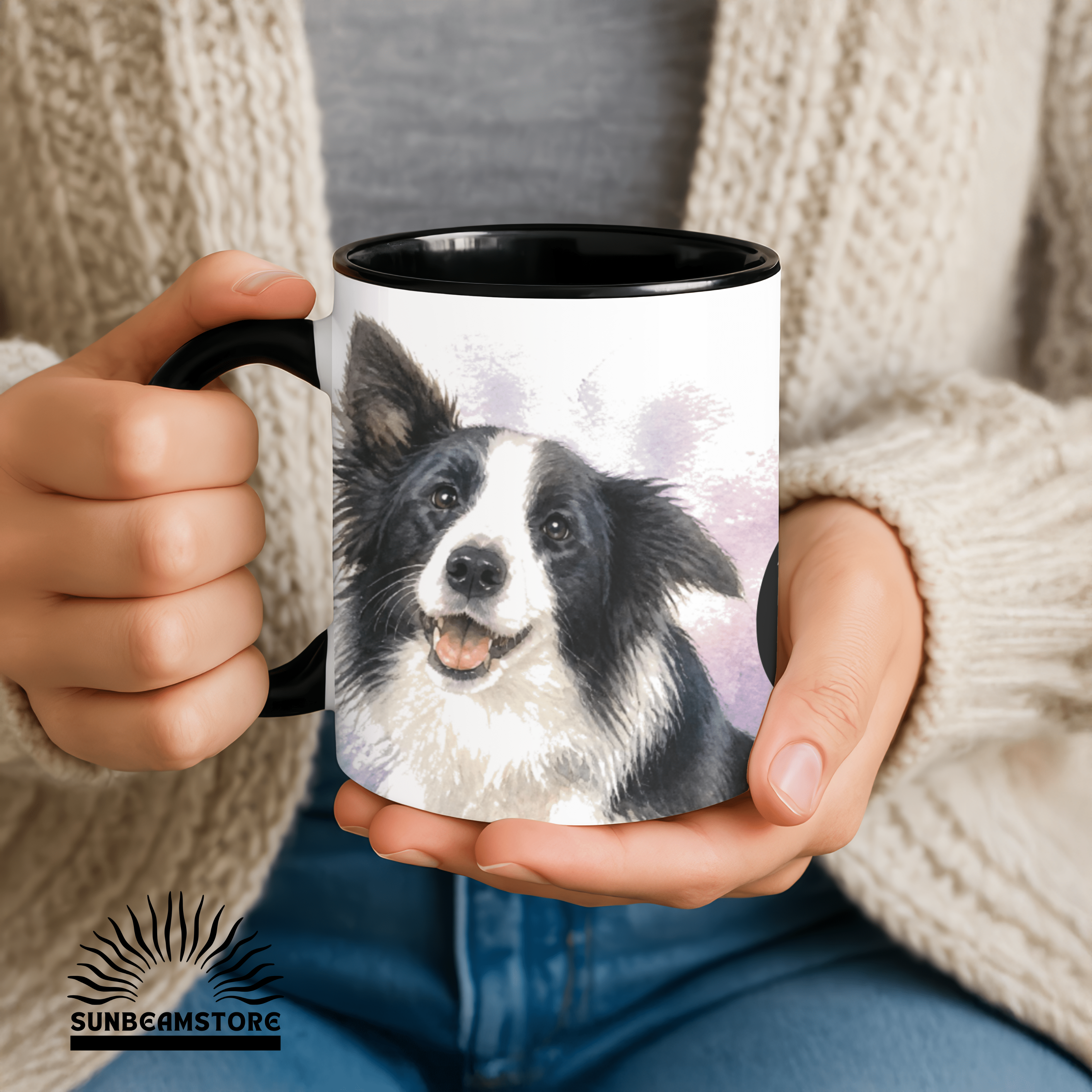 Personalisierte Border Collie Tasse 11oz – Aquarell Hundemotiv mit Namen | Geschenk für Border Collie Besitzer | Keramiktasse mit Farbwahl - Sunbeamstore