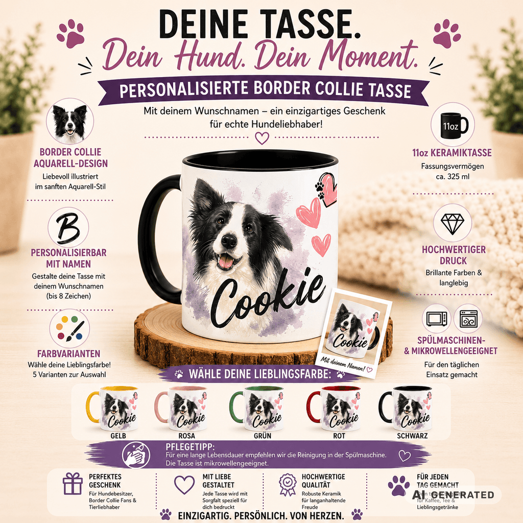Personalisierte Border Collie Tasse 11oz – Aquarell Hundemotiv mit Namen | Geschenk für Border Collie Besitzer | Keramiktasse mit Farbwahl - Sunbeamstore