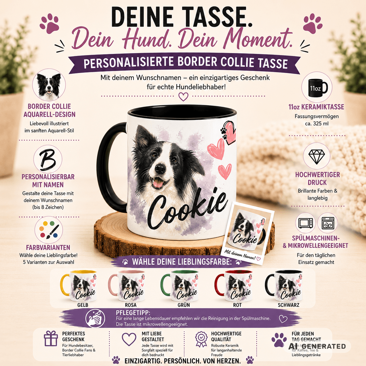 Personalisierte Border Collie Tasse 11oz – Aquarell Hundemotiv mit Namen | Geschenk für Border Collie Besitzer | Keramiktasse mit Farbwahl - Sunbeamstore