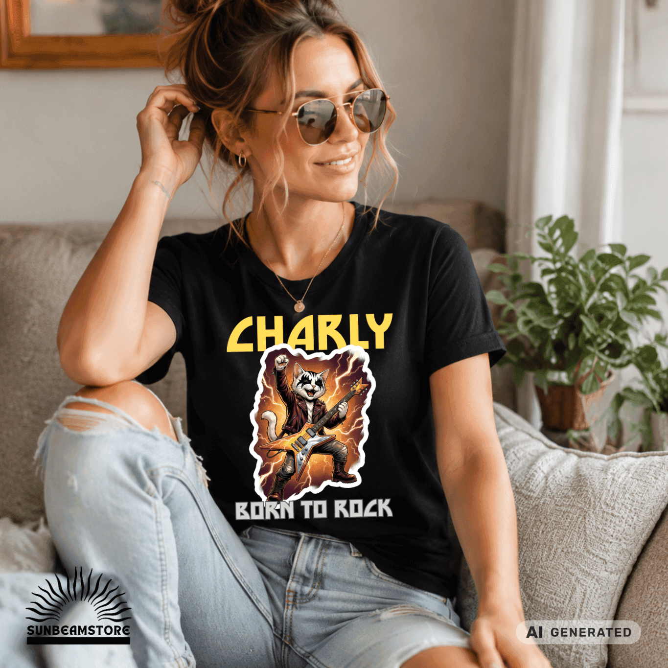 Personalisierbares Katzen Rocker T-Shirt mit Wunschname (bis 12 Zeichen) – Born to Rock – Gildan 64000 Unisex Shirt - Sunbeamstore