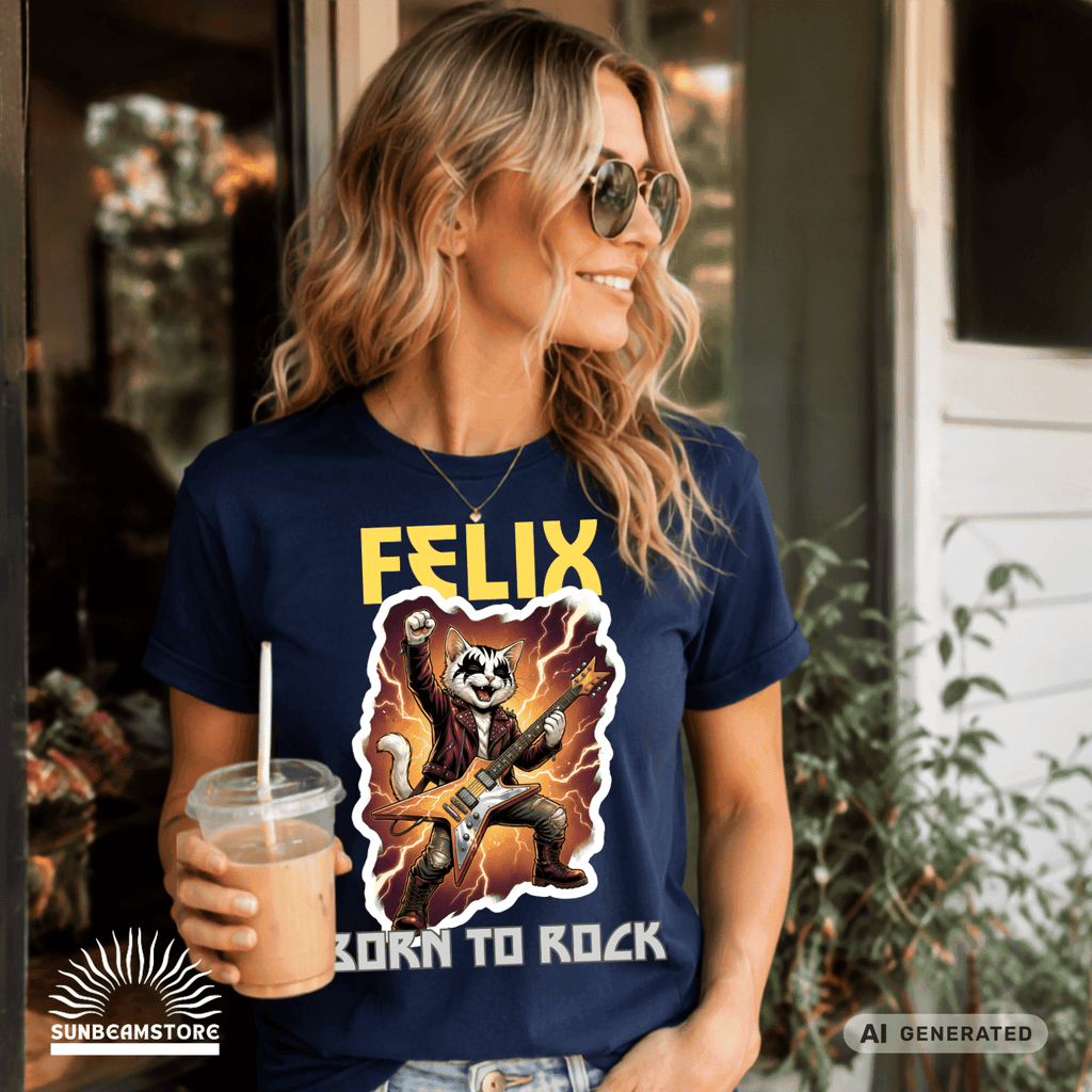 Personalisierbares Katzen Rocker T-Shirt mit Wunschname (bis 12 Zeichen) – Born to Rock – Gildan 64000 Unisex Shirt - Sunbeamstore