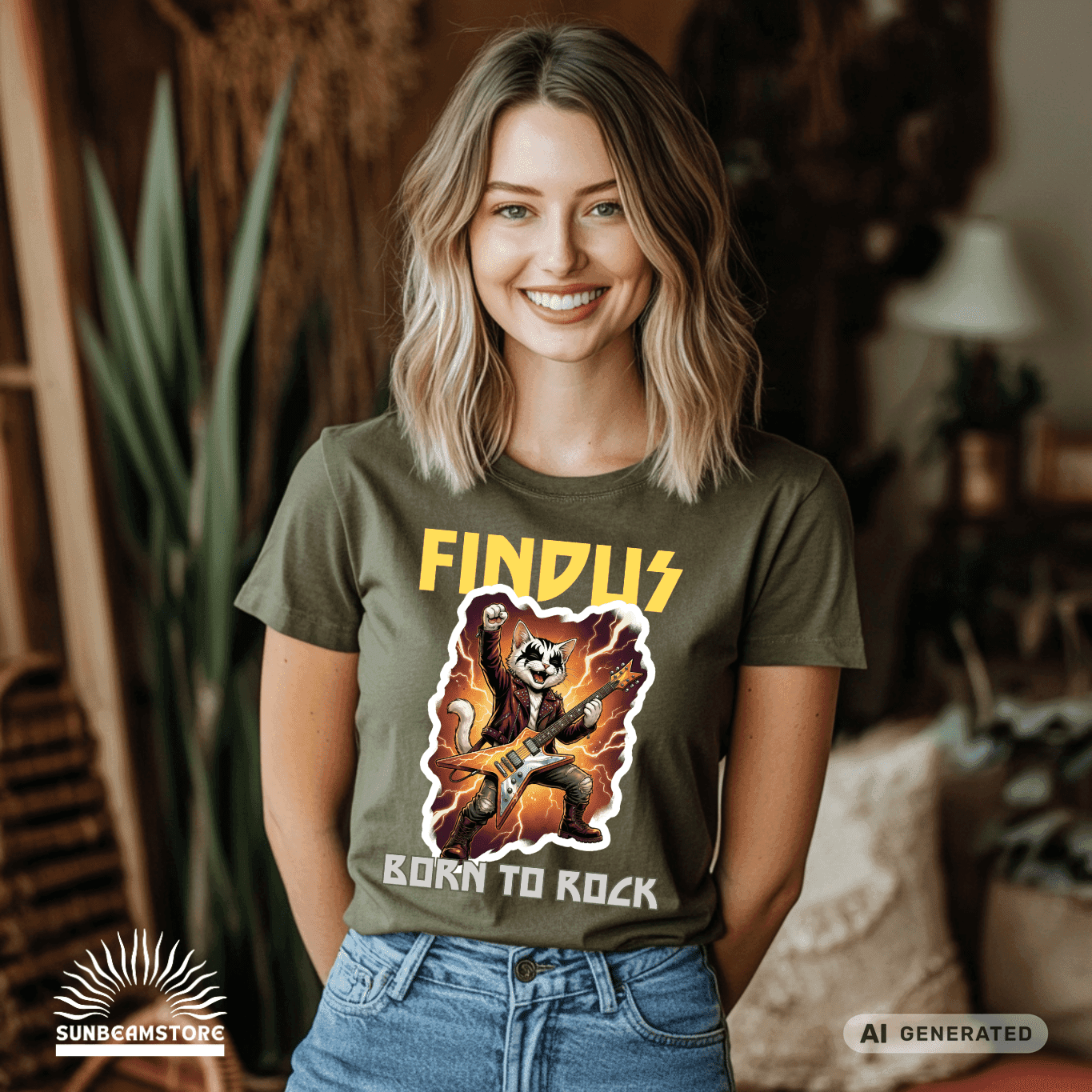 Personalisierbares Katzen Rocker T-Shirt mit Wunschname (bis 12 Zeichen) – Born to Rock – Gildan 64000 Unisex Shirt - Sunbeamstore