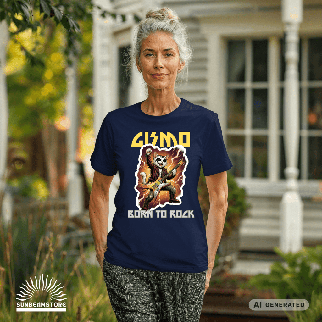 Personalisierbares Katzen Rocker T-Shirt mit Wunschname (bis 12 Zeichen) – Born to Rock – Gildan 64000 Unisex Shirt - Sunbeamstore