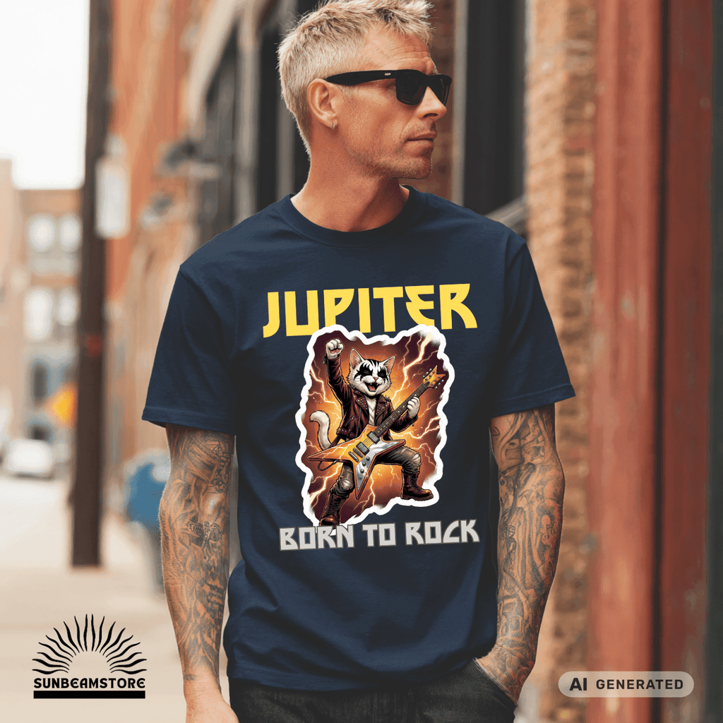 Personalisierbares Katzen Rocker T-Shirt mit Wunschname (bis 12 Zeichen) – Born to Rock – Gildan 64000 Unisex Shirt - Sunbeamstore