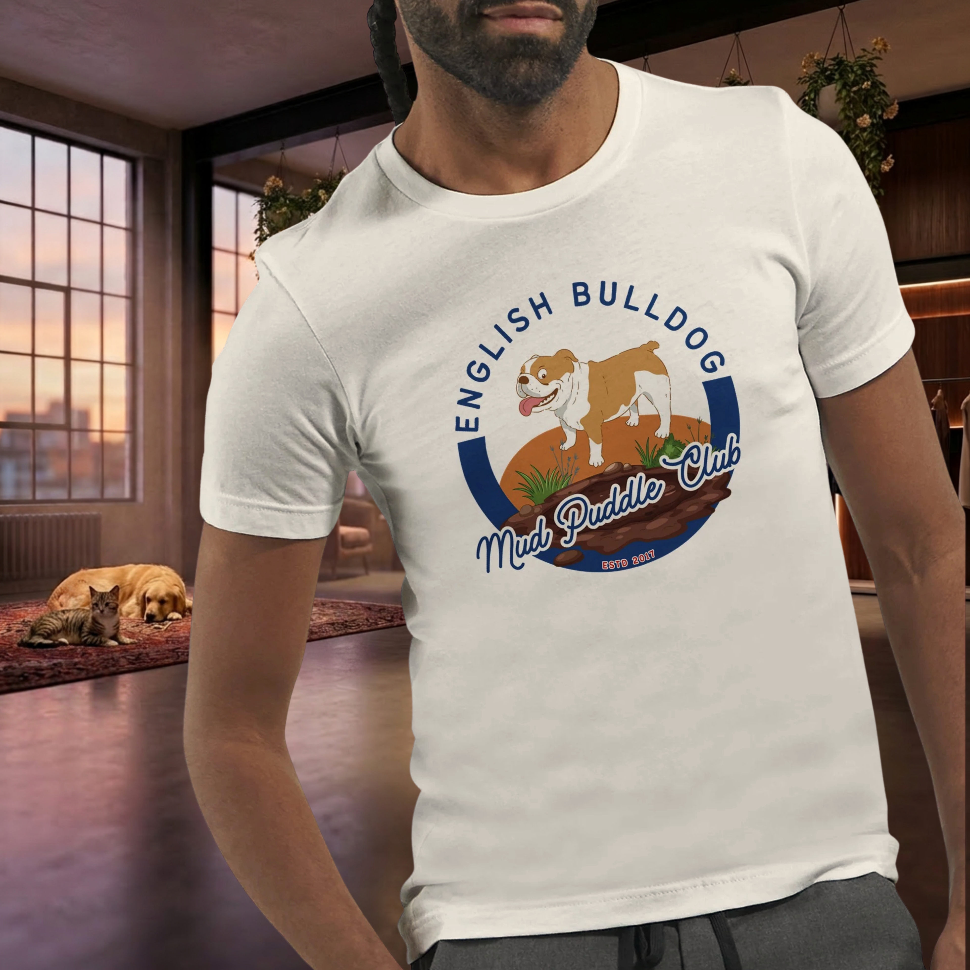 Englische Bulldogge T-Shirt – Lustiges Hundeshirt „Mud Puddle Club“ | Bulldog Lover Shirt Premium Unisex Crewneck T-shirt | Bella + Canvas 3001