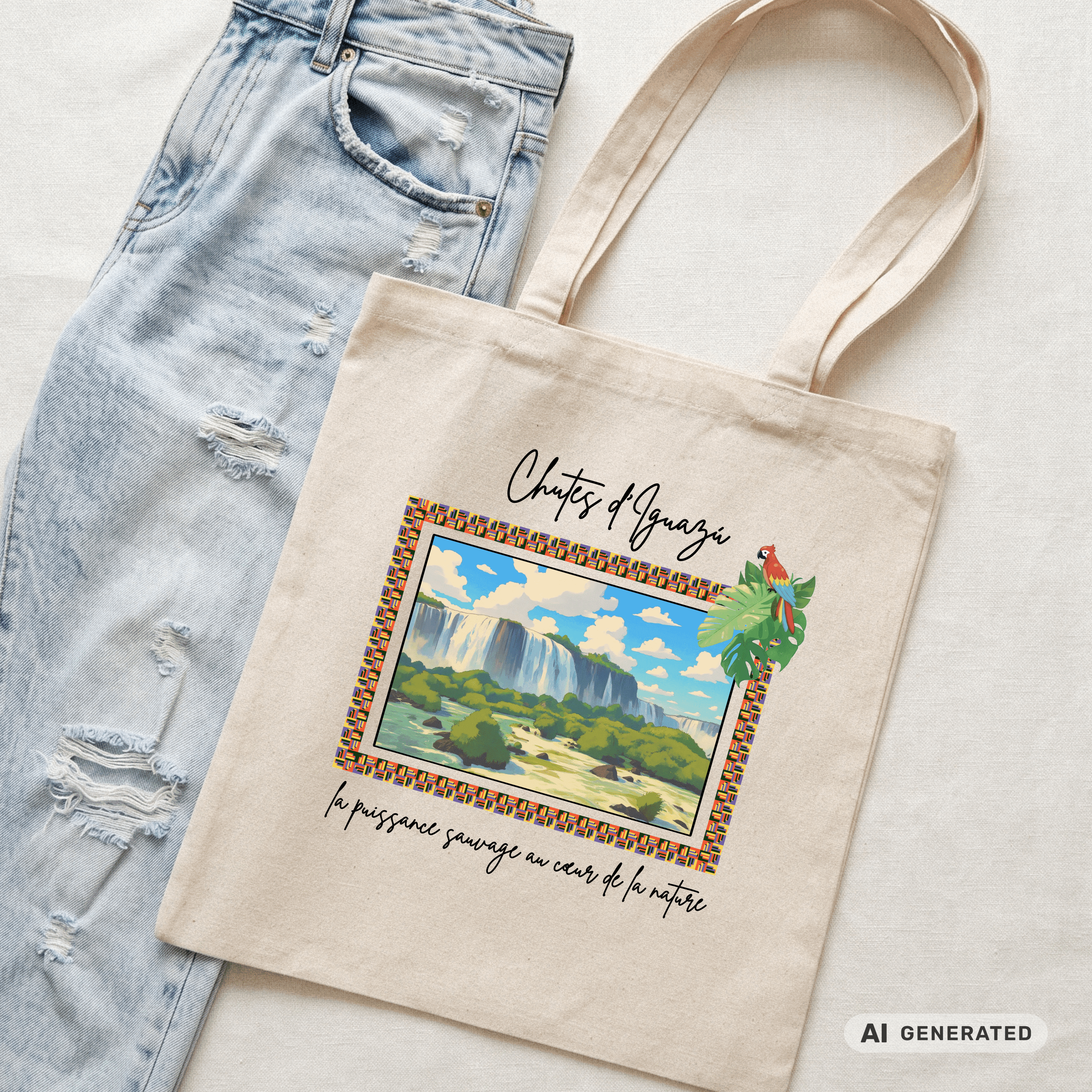 Jutebeutel Tropen – Iguazú Wasserfall Design, bunte Stofftasche, Reise & Sommer Tote Bag - Sunbeamstore