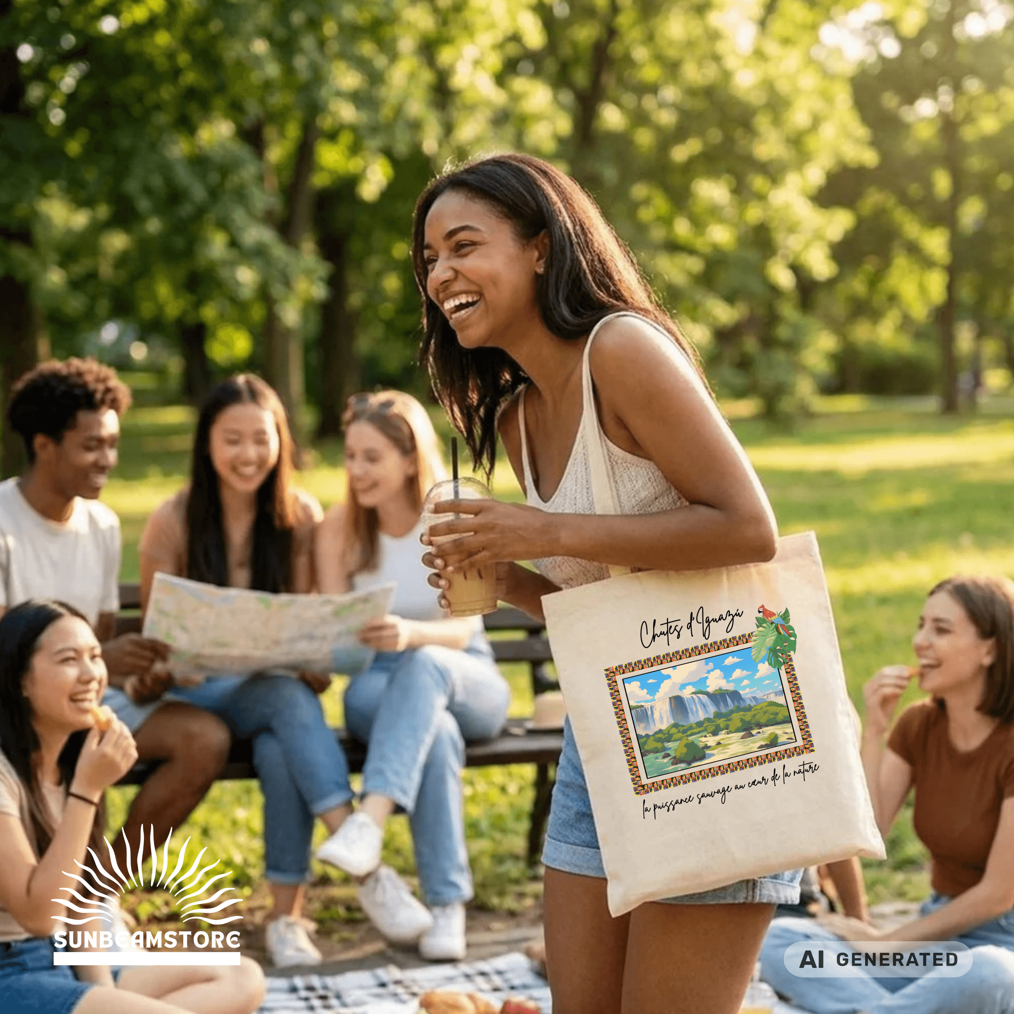 Jutebeutel Tropen – Iguazú Wasserfall Design, bunte Stofftasche, Reise & Sommer Tote Bag - Sunbeamstore