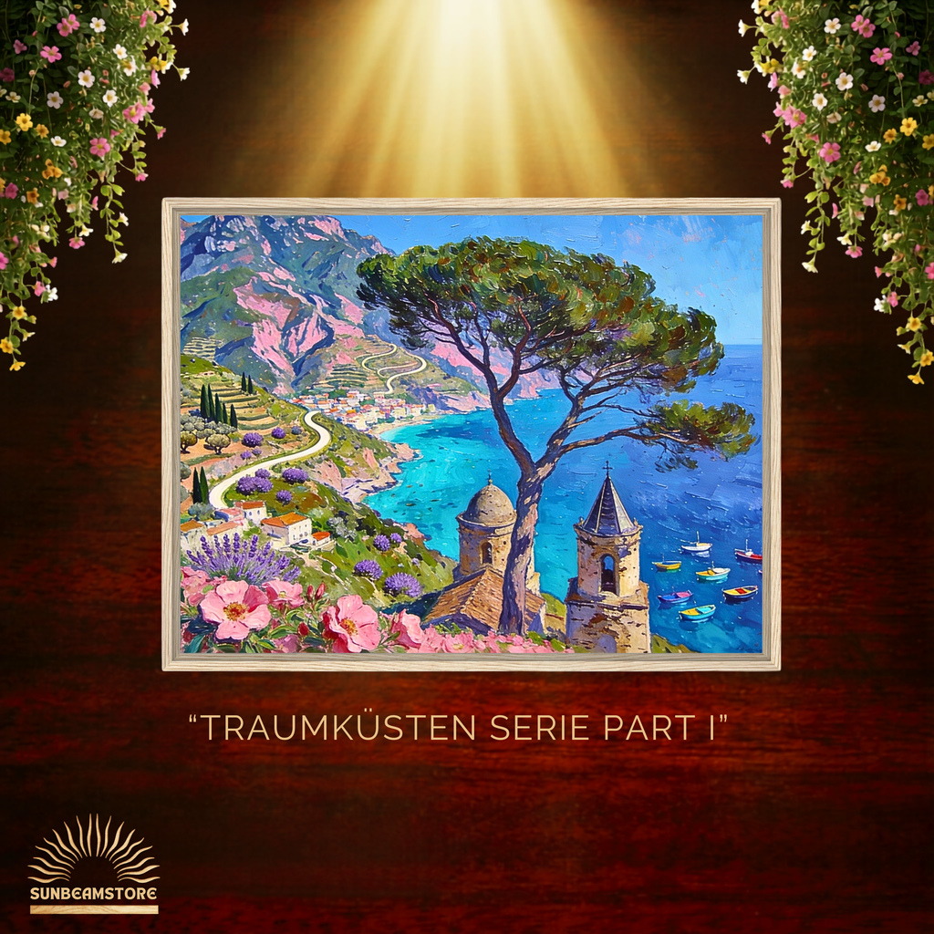 Traumküsten Serie Part I – Mediterrane Küstenlandschaft auf Leinwand | Holzrahmen Wandbild für Balkon & Terrasse | Urlaubsfeeling für Zuhause