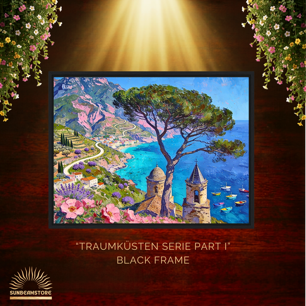 Traumküsten Serie Part I – Mediterrane Küstenlandschaft auf Leinwand | Holzrahmen Wandbild für Balkon & Terrasse | Urlaubsfeeling für Zuhause