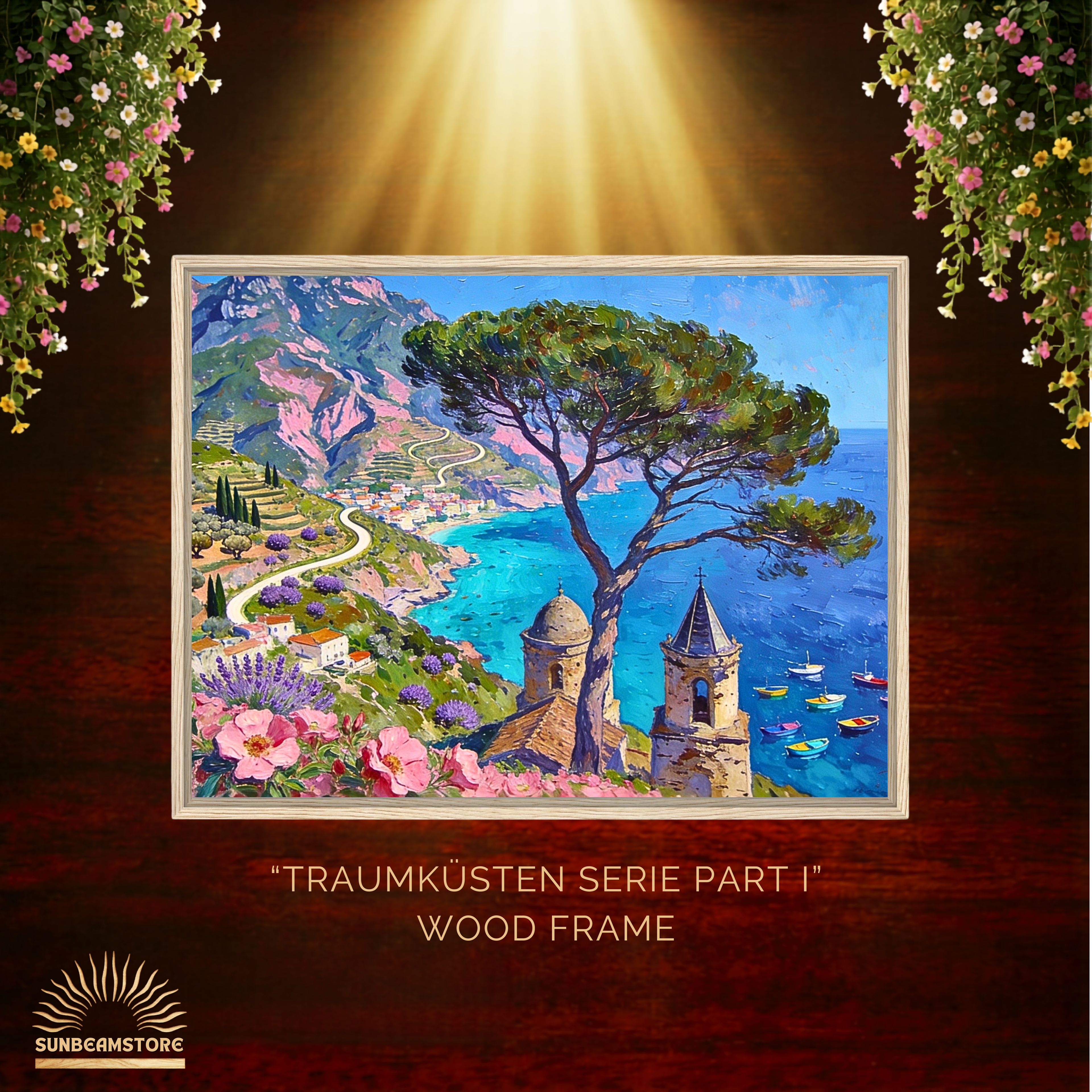 Traumküsten Serie Part I – Mediterrane Küstenlandschaft auf Leinwand | Holzrahmen Wandbild für Balkon & Terrasse | Urlaubsfeeling für Zuhause