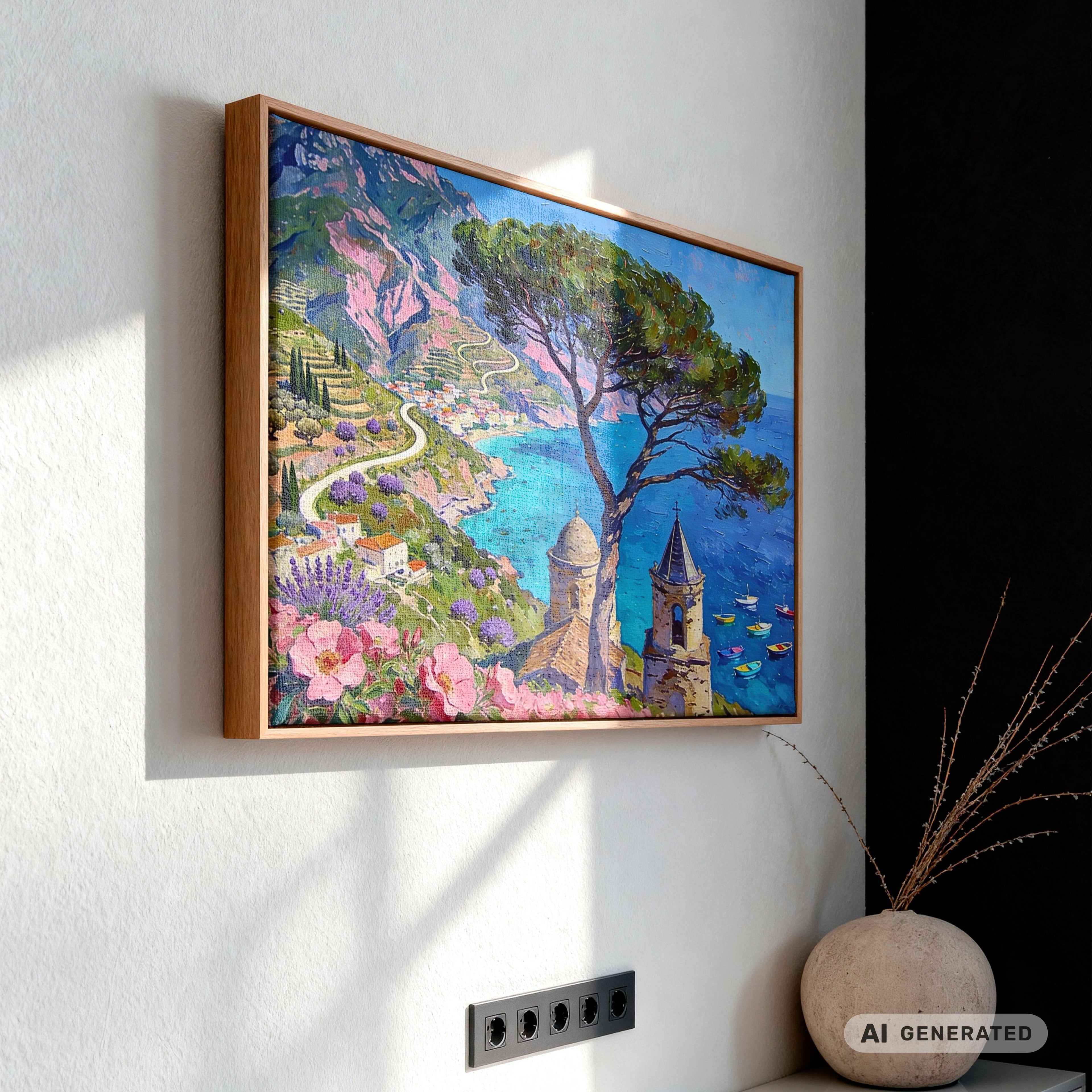 Traumküsten Serie Part I – Mediterrane Küstenlandschaft auf Leinwand I 60 × 80 cm| Holzrahmen Wandbild für Balkon & Terrasse | Urlaubsfeeling für Zuhause - Sunbeamstore