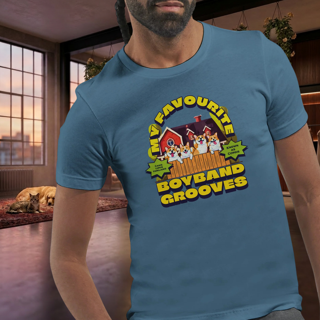 Corgi T-Shirt „My Favourite Boyband Grooves“ – Lustiges Hunde Shirt – Geschenk für Corgi Liebhaber – Premium Unisex Crewneck T-shirt | Bella + Canvas 3001