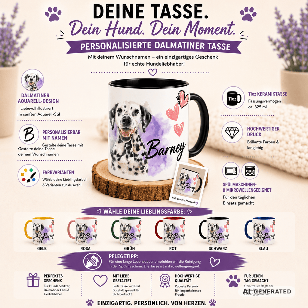Personalisierte Dalmatiner Tasse 11oz – Aquarell Hundemotiv mit Namen | Geschenk für Dalmatiner Besitzer | Keramiktasse mit Farbwahl - Sunbeamstore