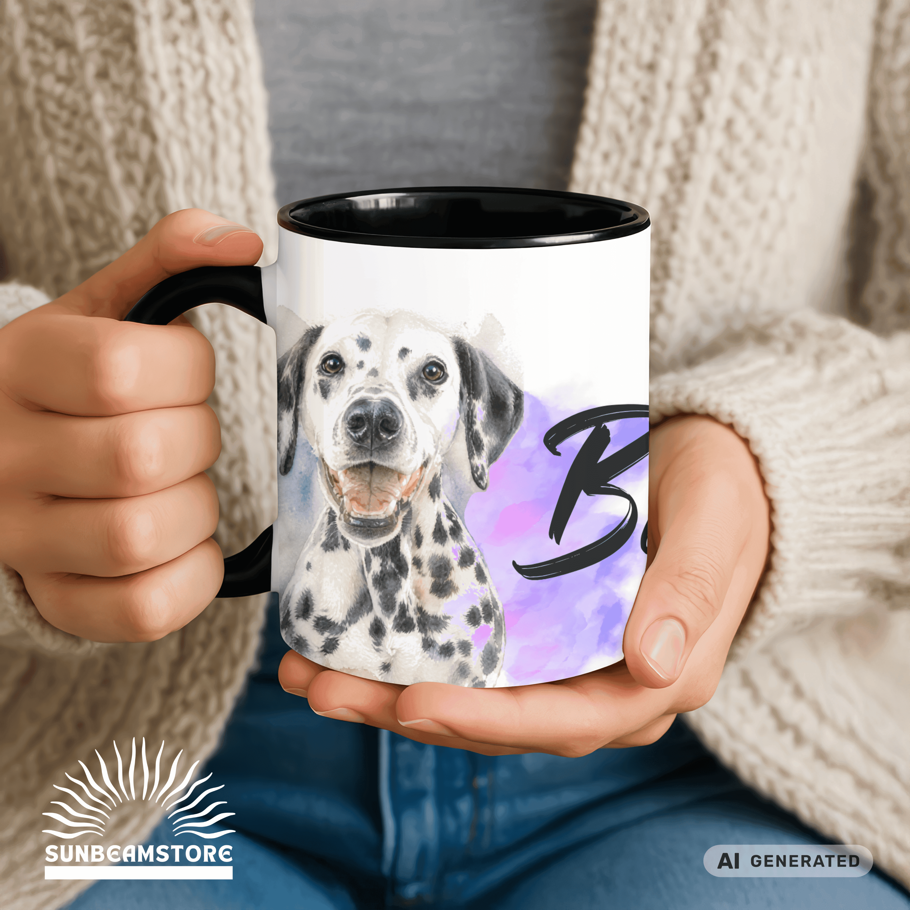 Personalisierte Dalmatiner Tasse 11oz – Aquarell Hundemotiv mit Namen | Geschenk für Dalmatiner Besitzer | Keramiktasse mit Farbwahl - Sunbeamstore