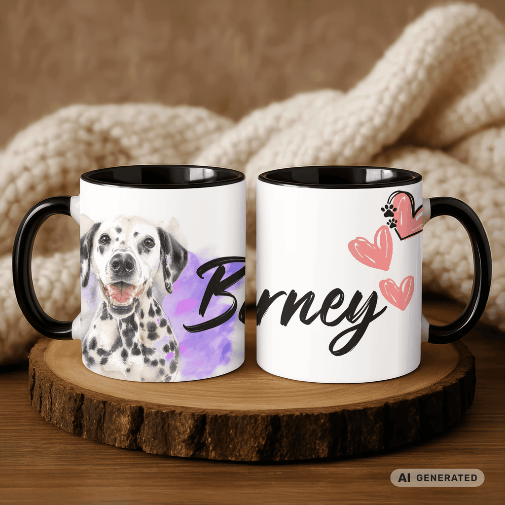 Personalisierte Dalmatiner Tasse 11oz – Aquarell Hundemotiv mit Namen | Geschenk für Dalmatiner Besitzer | Keramiktasse mit Farbwahl - Sunbeamstore
