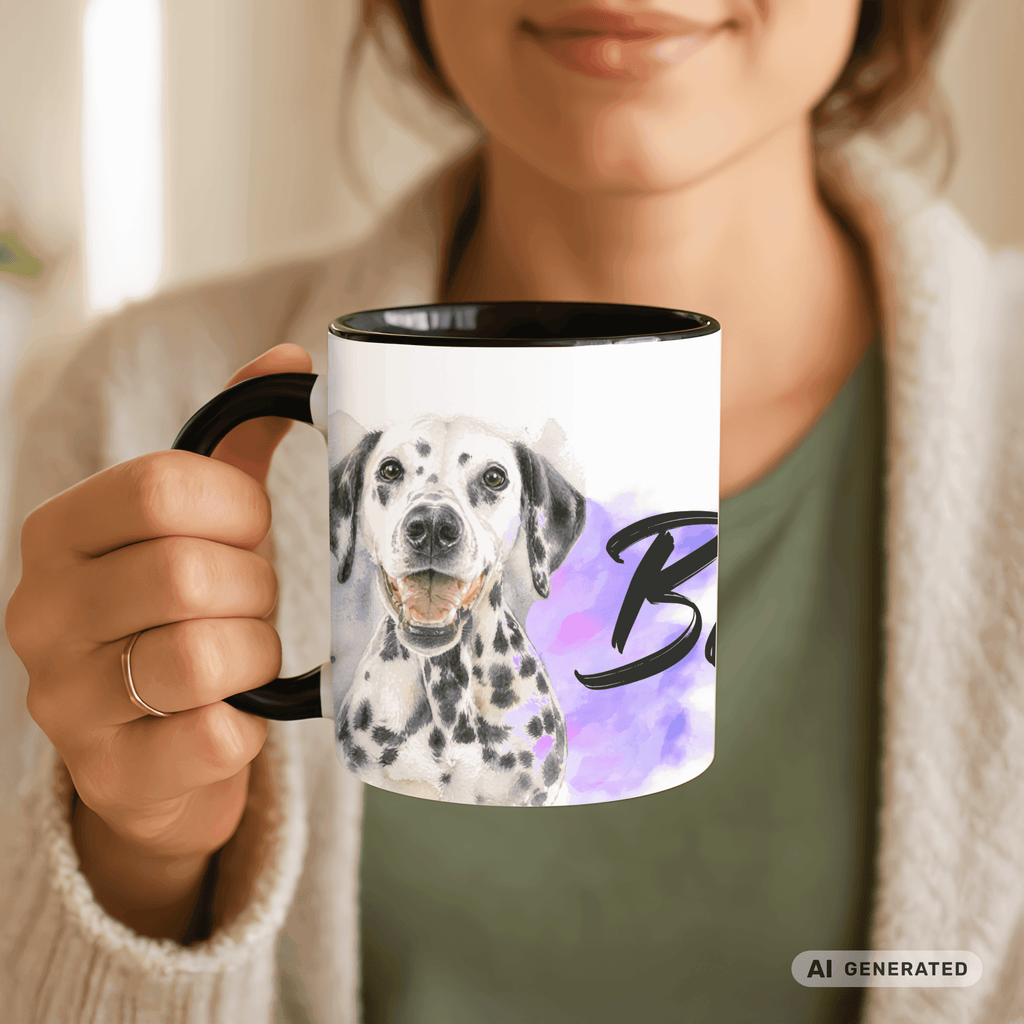 Personalisierte Dalmatiner Tasse 11oz – Aquarell Hundemotiv mit Namen | Geschenk für Dalmatiner Besitzer | Keramiktasse mit Farbwahl - Sunbeamstore