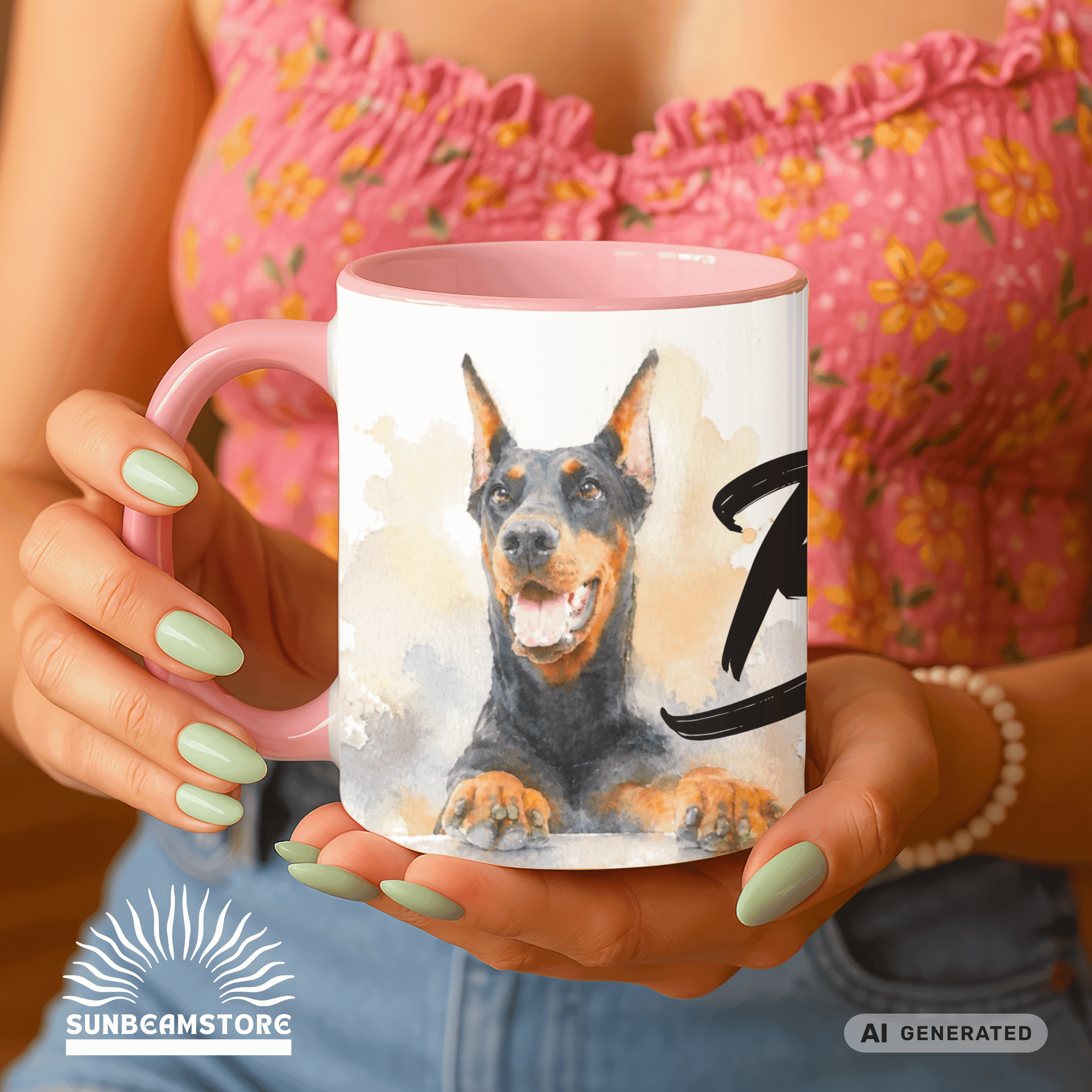 Personalisierte Dobermann Tasse 11oz – Aquarell Hundemotiv mit Namen | Geschenk für Dobermann Besitzer | Keramiktasse mit Farbwahl - Sunbeamstore