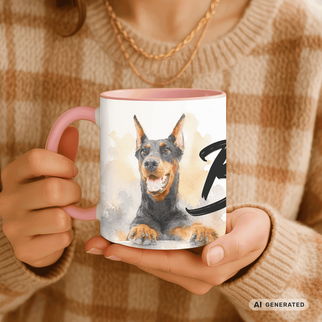 Personalisierte Dobermann Tasse 11oz – Aquarell Hundemotiv mit Namen | Geschenk für Dobermann Besitzer | Keramiktasse mit Farbwahl - Sunbeamstore