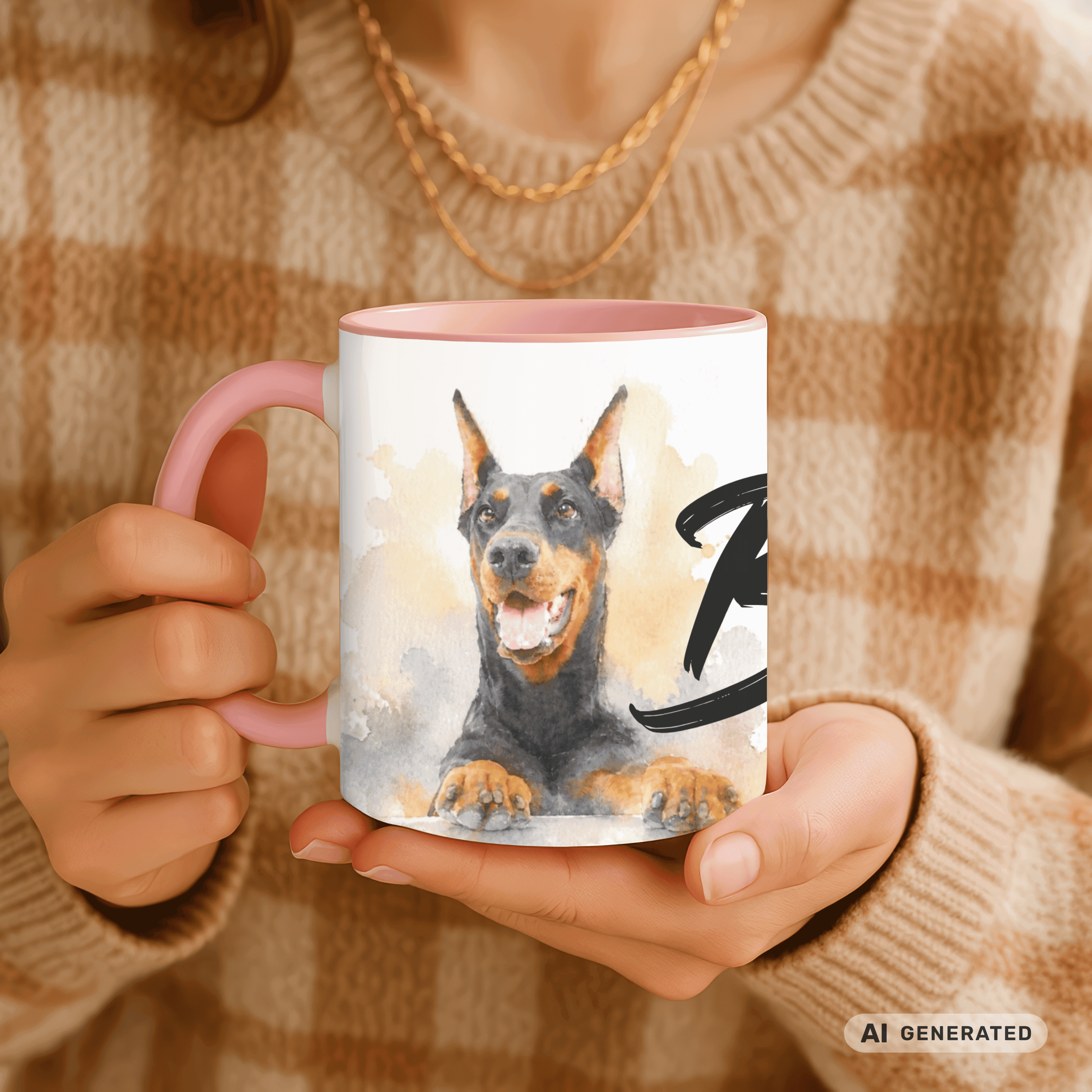 Personalisierte Dobermann Tasse 11oz – Aquarell Hundemotiv mit Namen | Geschenk für Dobermann Besitzer | Keramiktasse mit Farbwahl - Sunbeamstore