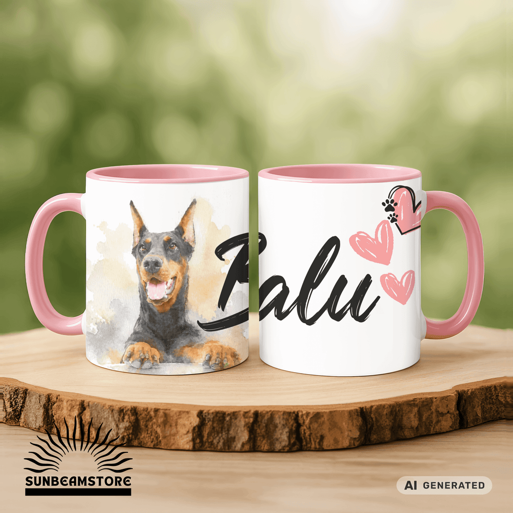 Personalisierte Dobermann Tasse 11oz – Aquarell Hundemotiv mit Namen | Geschenk für Dobermann Besitzer | Keramiktasse mit Farbwahl - Sunbeamstore