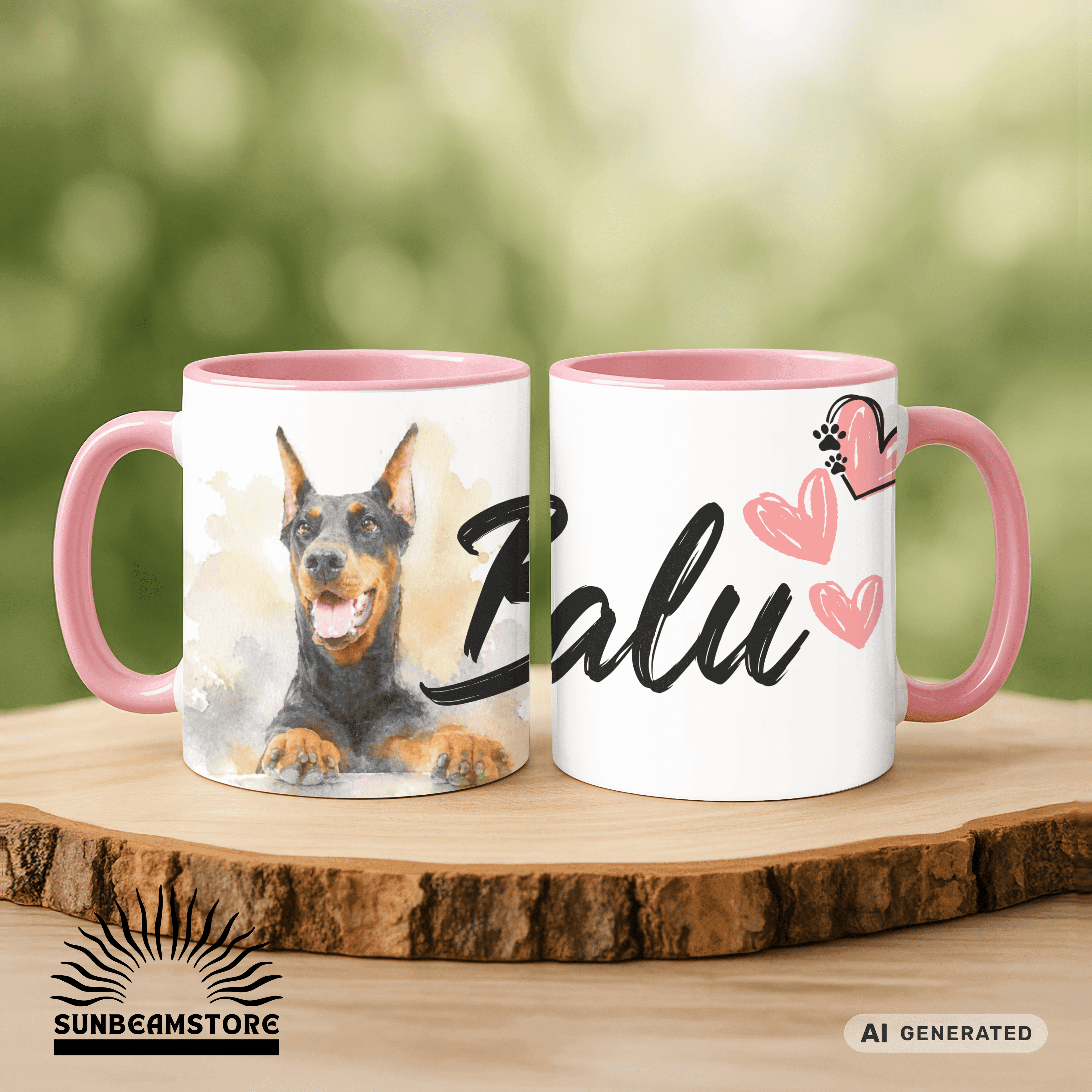 Personalisierte Dobermann Tasse 11oz – Aquarell Hundemotiv mit Namen | Geschenk für Dobermann Besitzer | Keramiktasse mit Farbwahl - Sunbeamstore