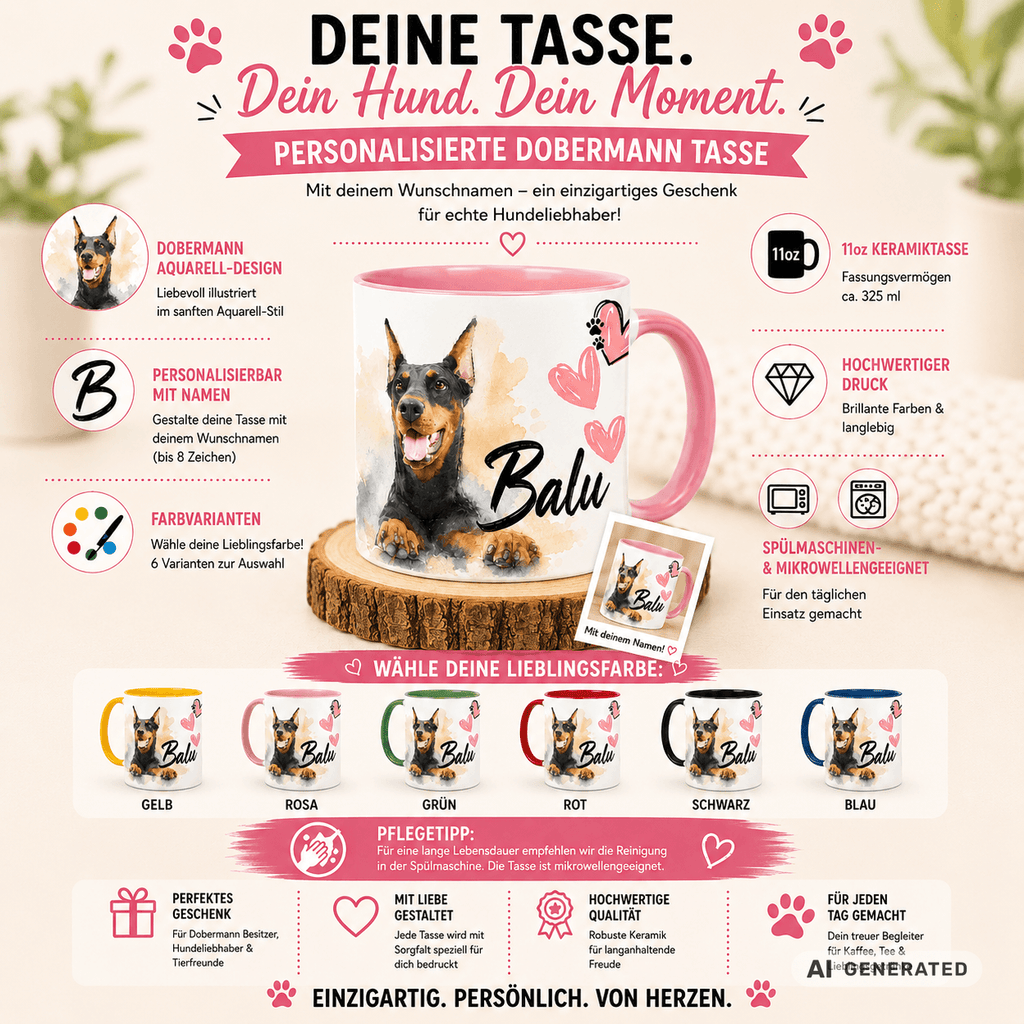 Personalisierte Dobermann Tasse 11oz – Aquarell Hundemotiv mit Namen | Geschenk für Dobermann Besitzer | Keramiktasse mit Farbwahl - Sunbeamstore