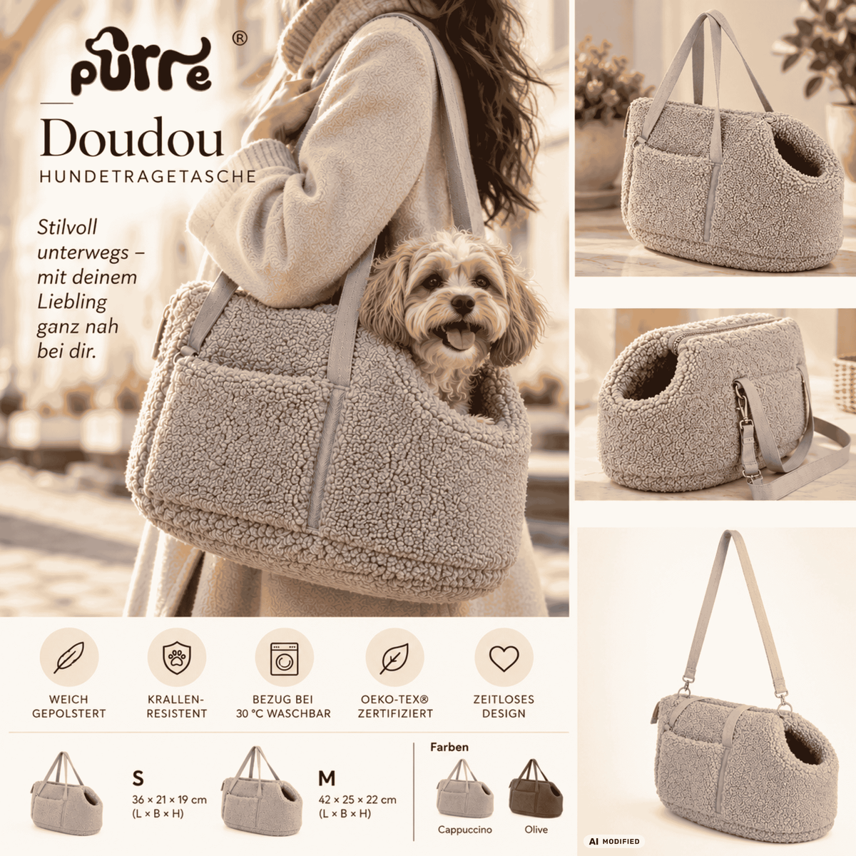 Doudou Teddy Hundetragetasche – Cappuccino S - Sunbeamstore