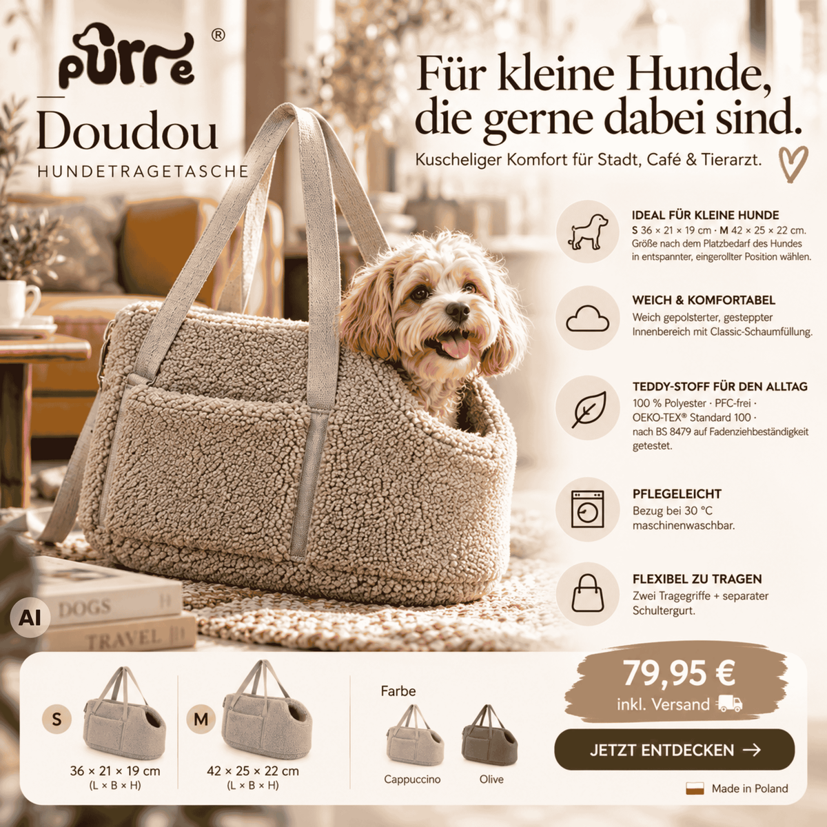 Doudou Teddy Hundetragetasche – Cappuccino S - Sunbeamstore