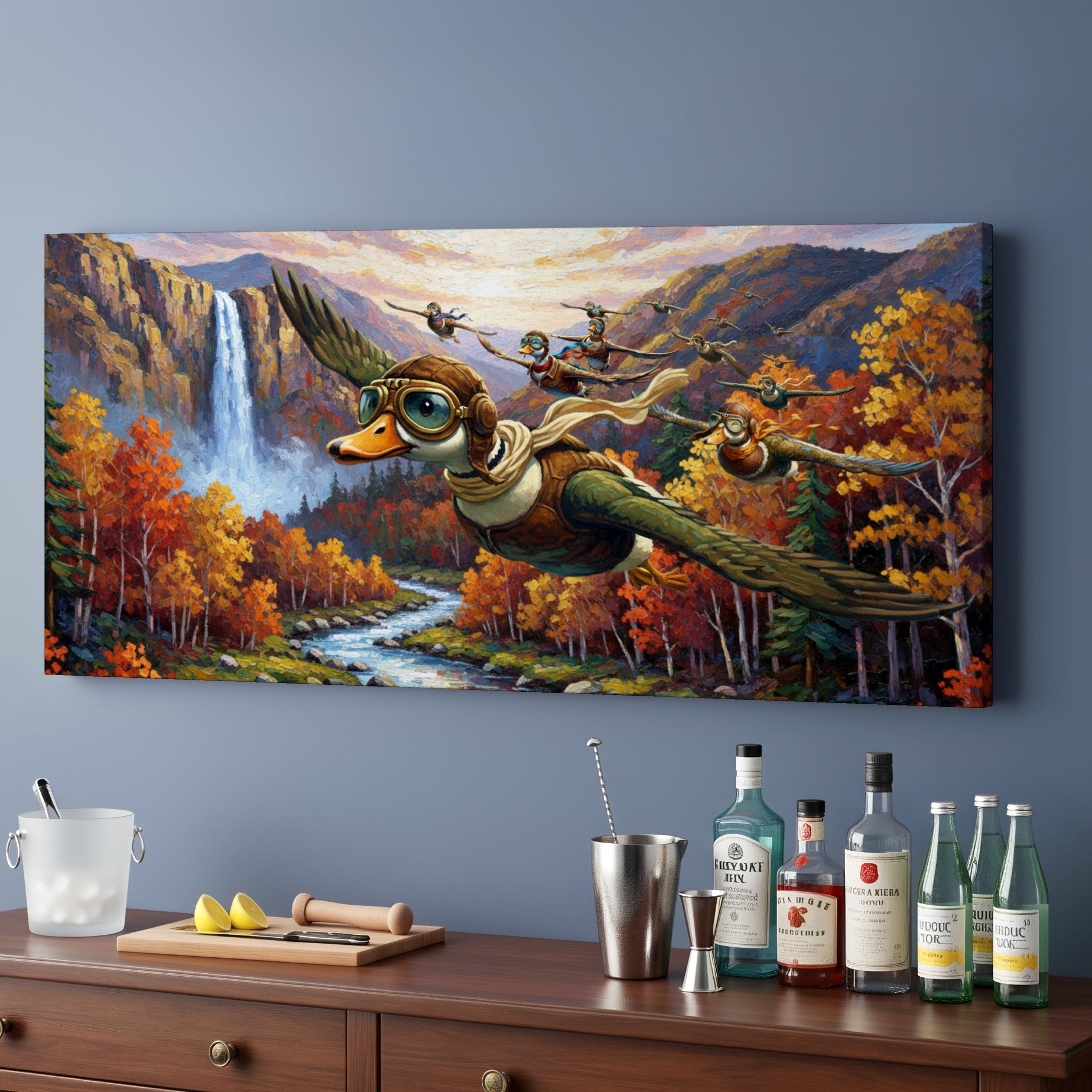 Ducks flying through the autumn valley   Canvas