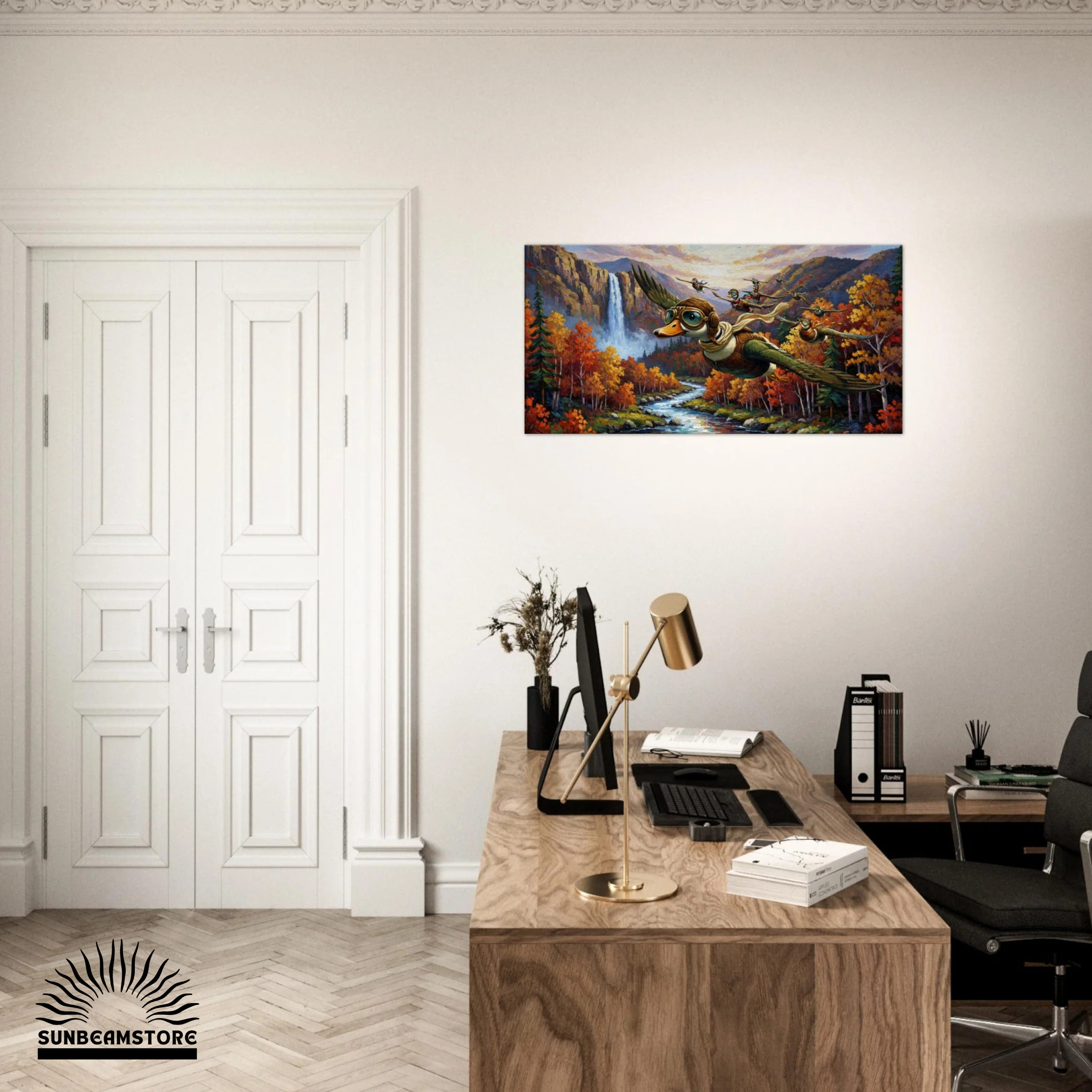 Ducks flying through the autumn valley   Canvas