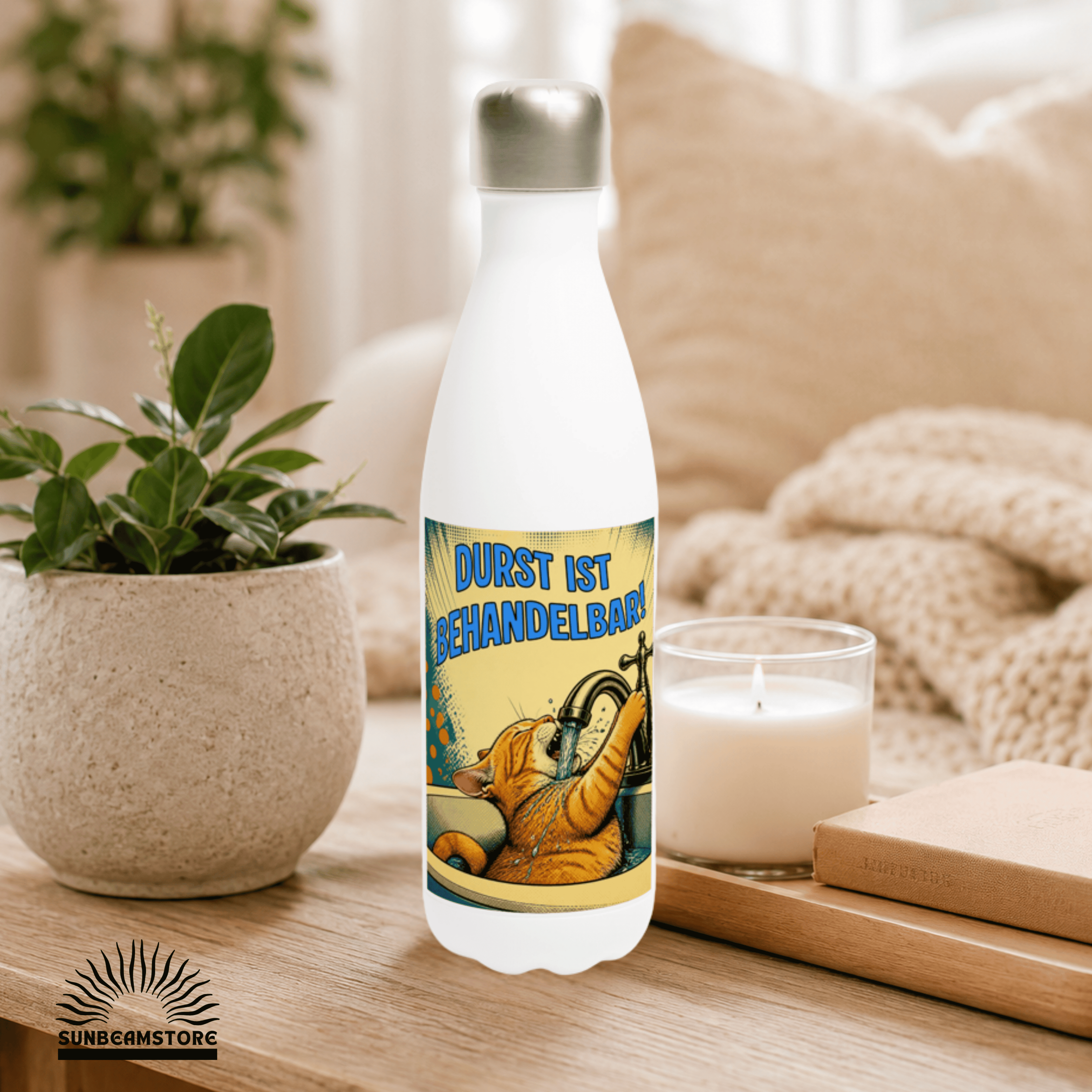 💧🐱 Katzen Trinkflasche "Durst ist behandelbar!" | Edelstahl Isolierflasche 500 ml | Lustiges Geschenk für Katzenfans - Sunbeamstore