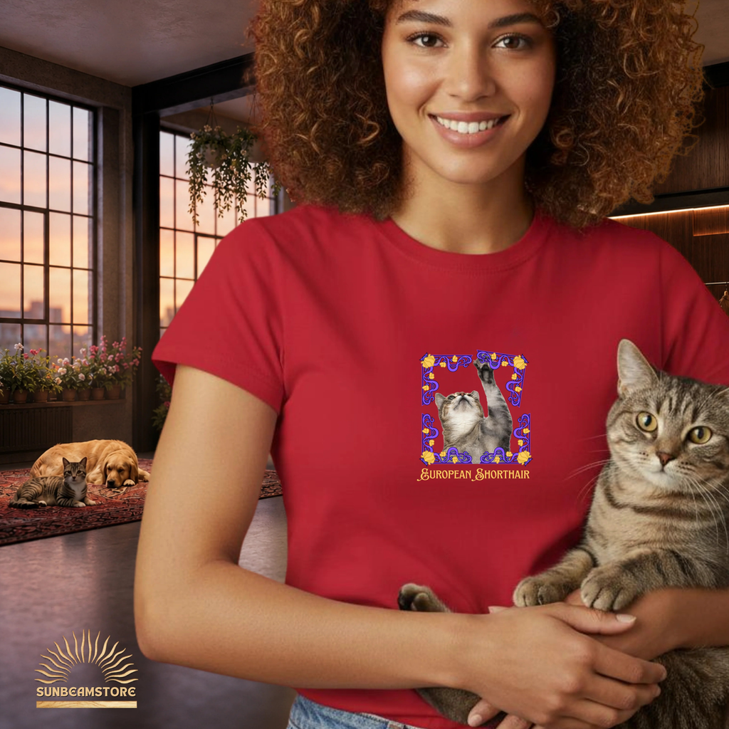 Europäisch Kurzhaar Katzen T-Shirt Damen | European Shorthair Cat Shirt | Cat Lover Shirt | Geschenk für Katzenliebhaber