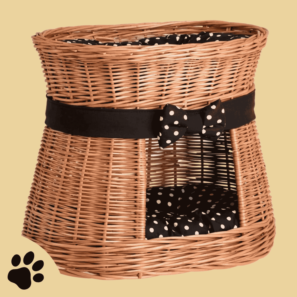 Erif Wicker handgeflochtenes Katzenhaus mit schwarz-weiß gepunktetem Kissen - Sunbeamstore