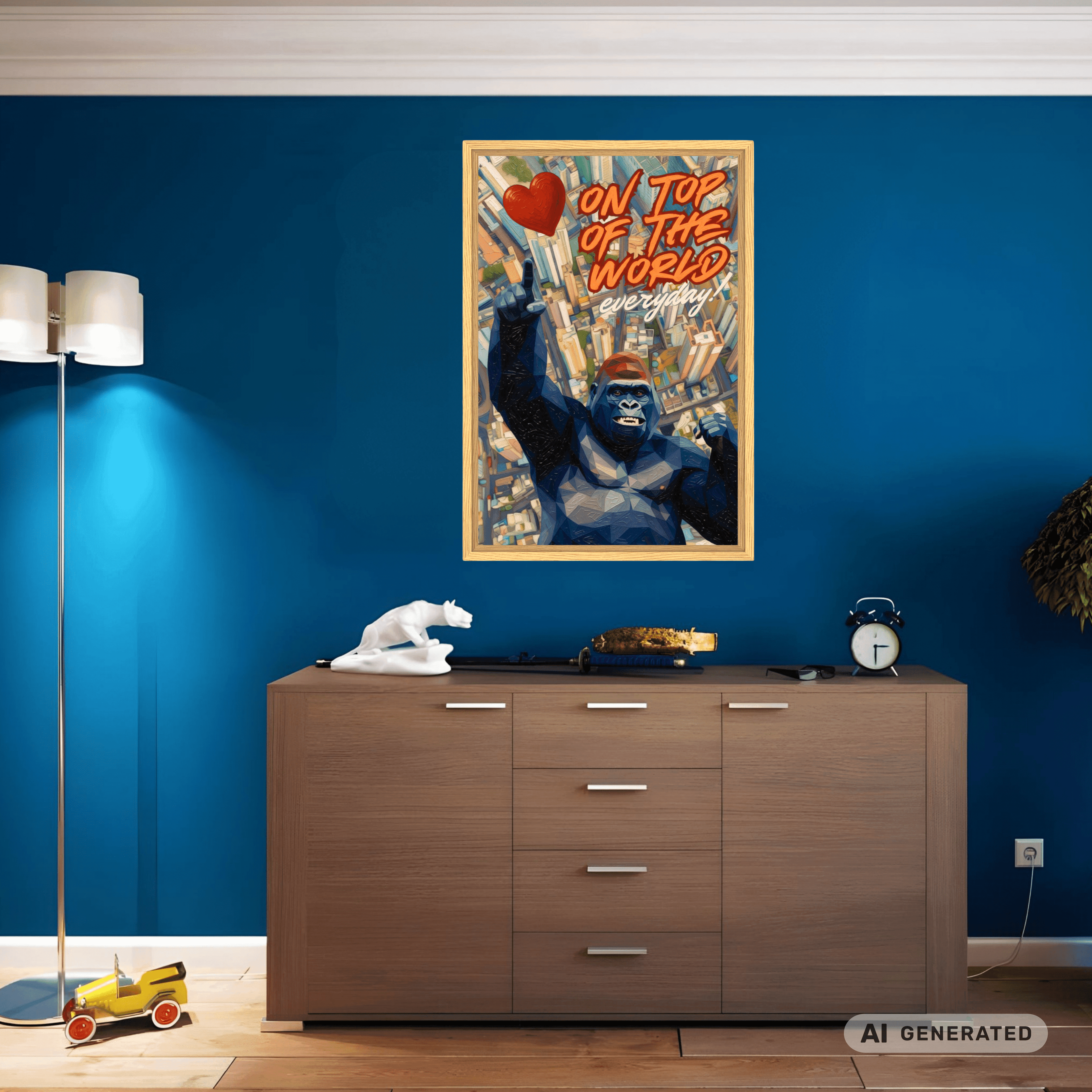 Gorilla Wandbild „On Top of the World“ – moderne Leinwand mit Holzrahmen | Motivations Wanddeko | Pop Art Tierbild 40x60 cm / 16x24″ - Sunbeamstore