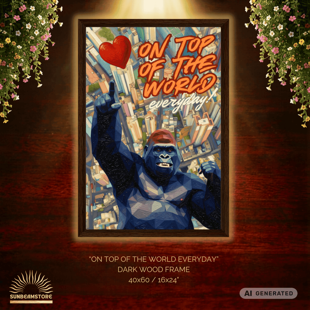 Gorilla Wandbild „On Top of the World“ – moderne Leinwand mit Holzrahmen | Motivations Wanddeko | Pop Art Tierbild 40x60 cm / 16x24″ - Sunbeamstore