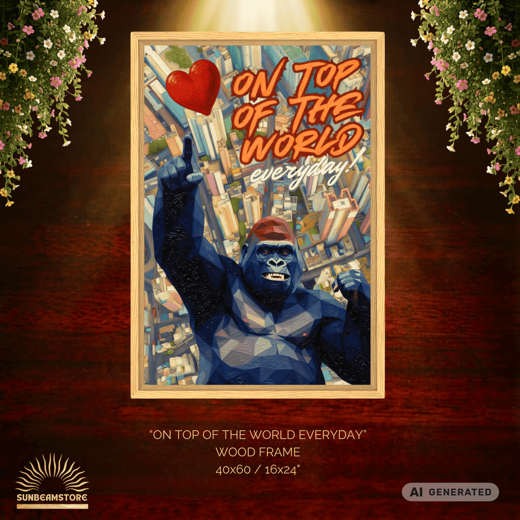 Gorilla Wandbild „On Top of the World“ – moderne Leinwand mit Holzrahmen | Motivations Wanddeko | Pop Art Tierbild 40x60 cm / 16x24″ - Sunbeamstore