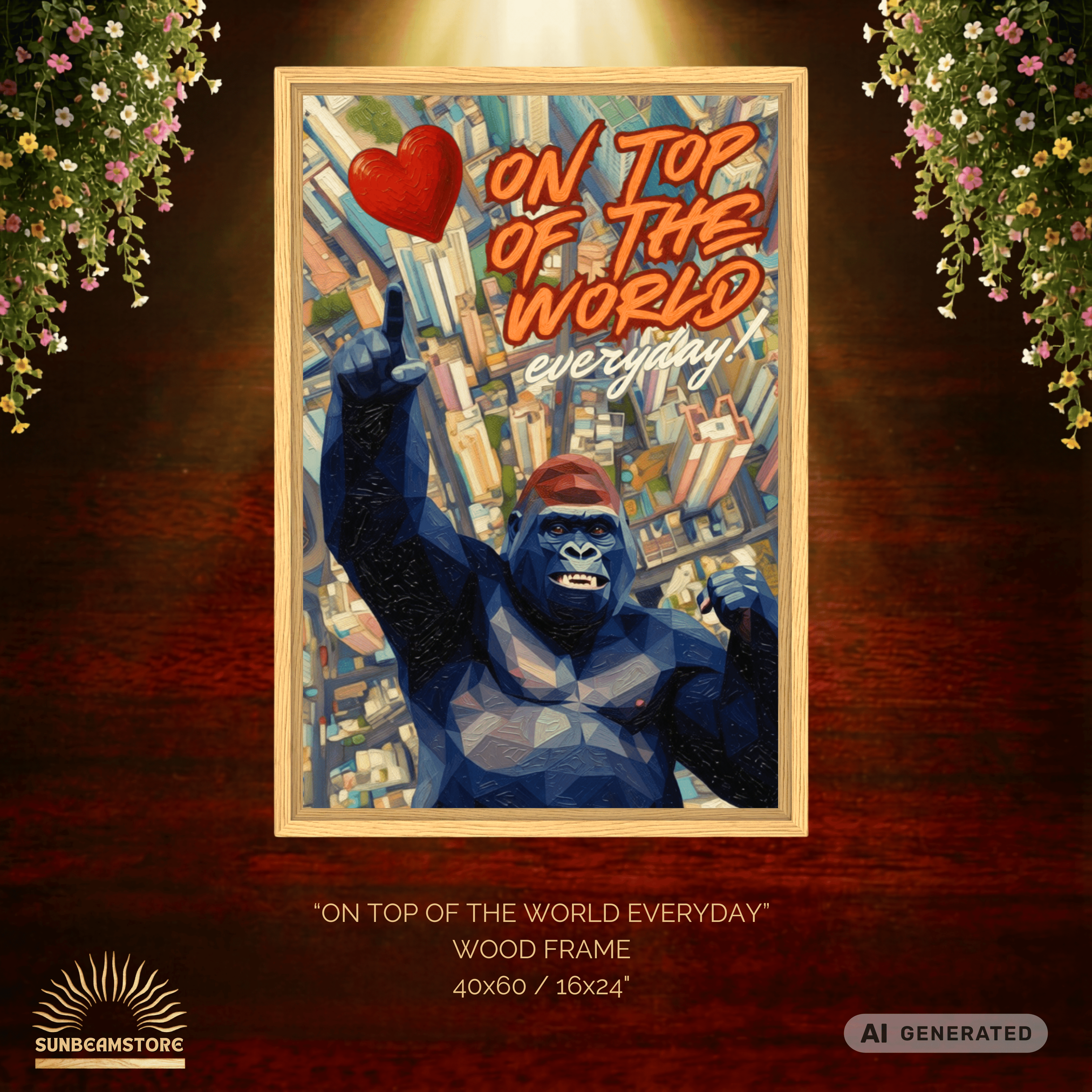 Gorilla Wandbild „On Top of the World“ – moderne Leinwand mit Holzrahmen | Motivations Wanddeko | Pop Art Tierbild 40x60 cm / 16x24″ - Sunbeamstore