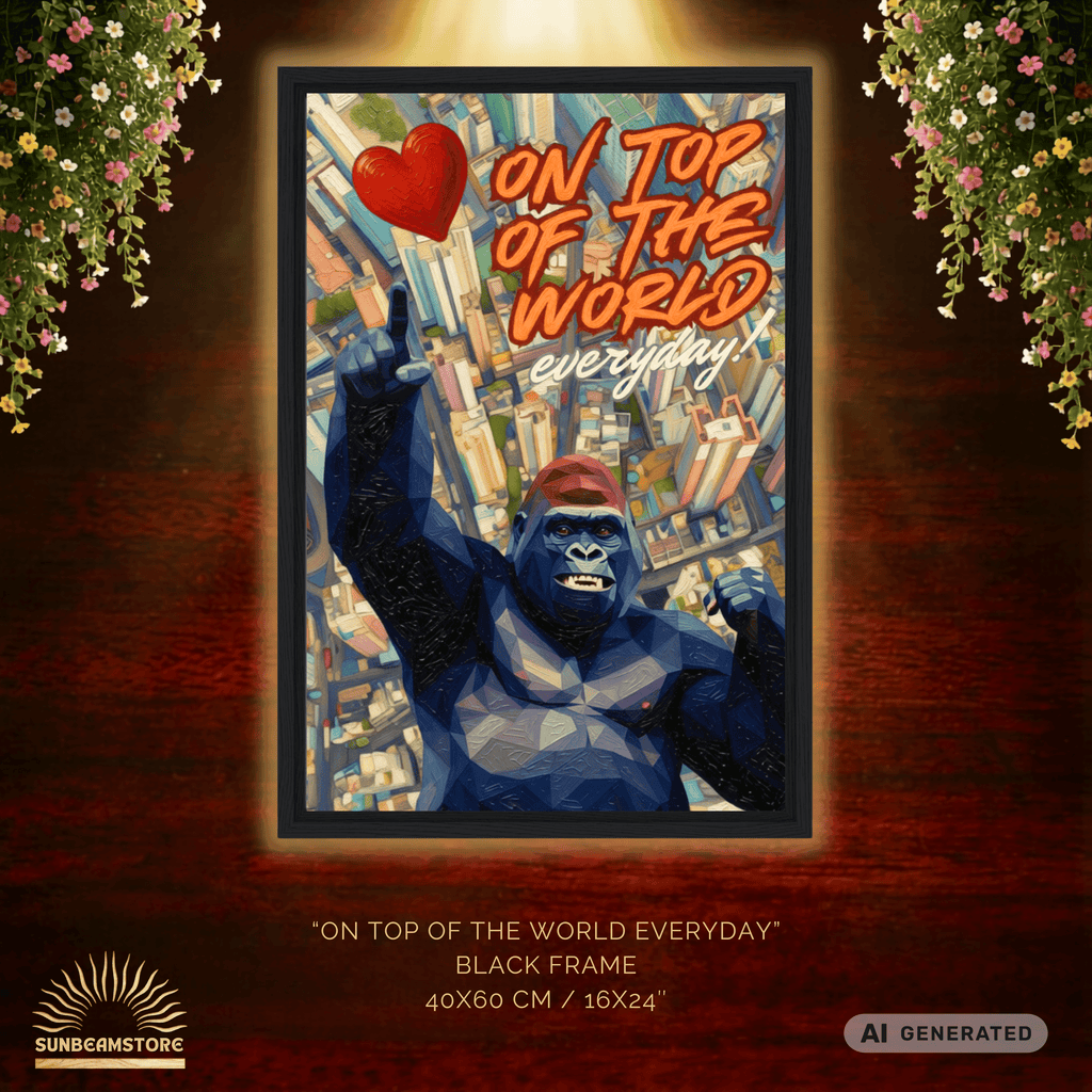 Gorilla Wandbild „On Top of the World“ – moderne Leinwand mit Holzrahmen | Motivations Wanddeko | Pop Art Tierbild 40x60 cm / 16x24″ - Sunbeamstore